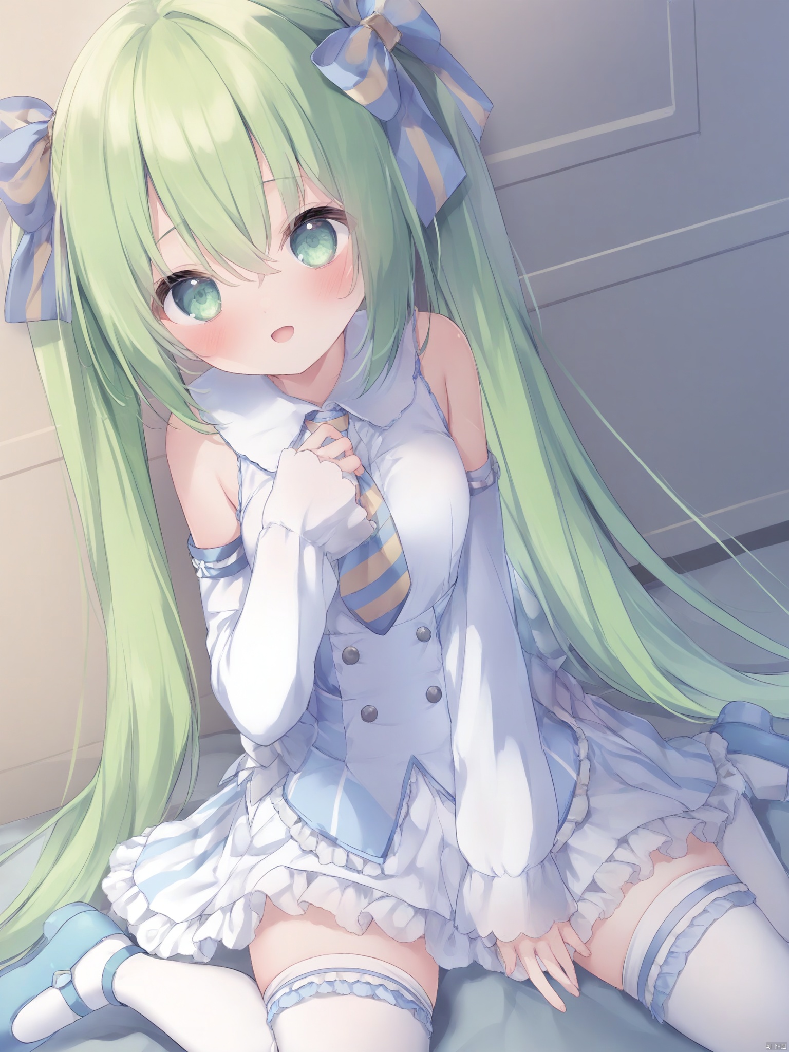 loli,cute,1girl, solo, long hair, looking at viewer, blush, smile, open mouth, bangs, thighhighs, long sleeves, dress, bow, hair between eyes, twintails, sitting, very long hair, green eyes, hair bow, frills, detached sleeves, green hair, necktie, shoes, striped, black thighhighs, hand up, white dress, sleeves past wrists, aqua hair, wariza, blue footwear, striped bow,