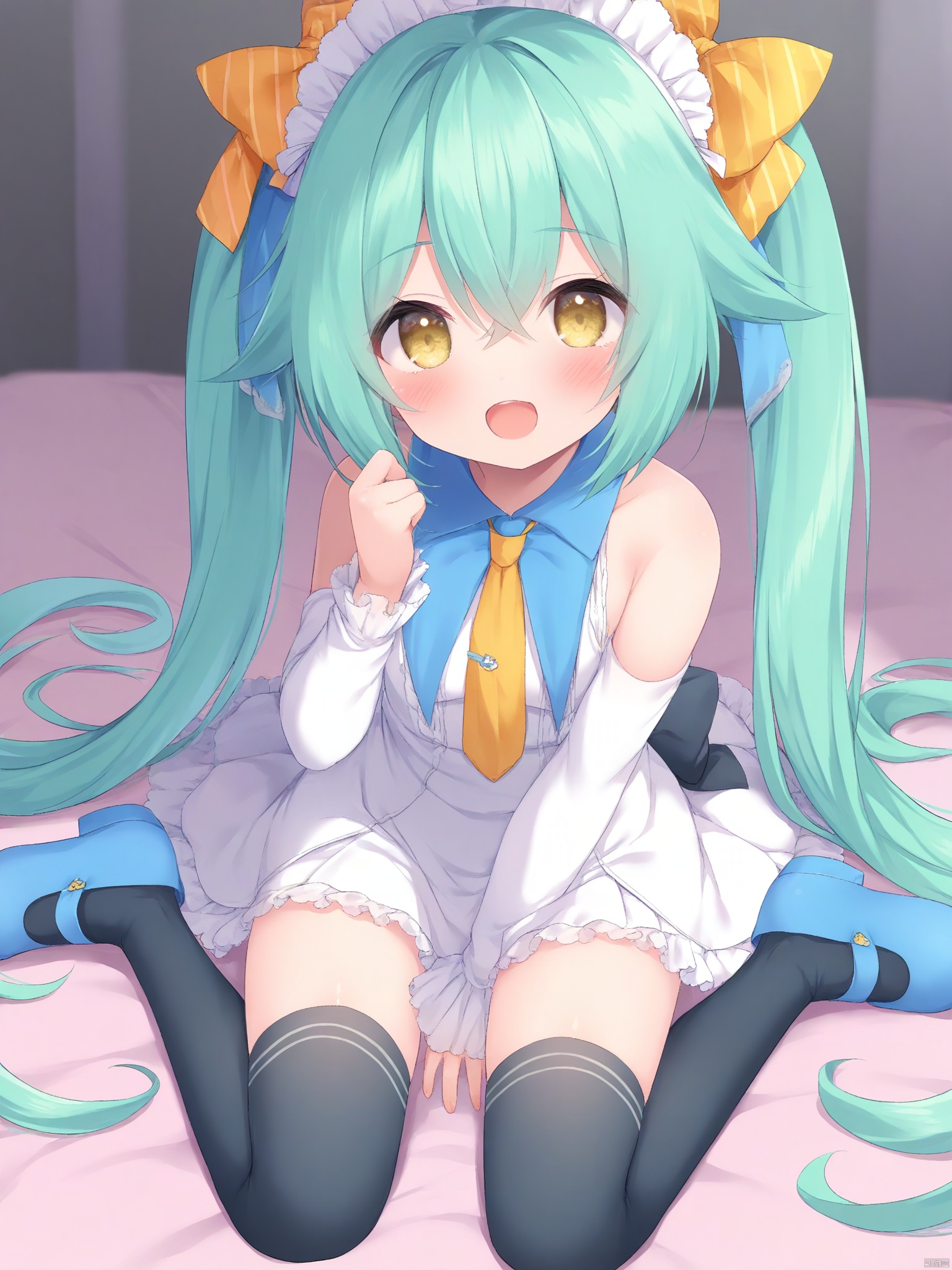 loli,cute,1girl, solo, long hair, looking at viewer, blush, smile, open mouth, bangs, thighhighs, long sleeves, dress, bow, hair between eyes, twintails, sitting, very long hair, green eyes, hair bow, frills, detached sleeves, green hair, necktie, shoes, striped, black thighhighs, hand up, white dress, sleeves past wrists, aqua hair, wariza, blue footwear, striped bow,