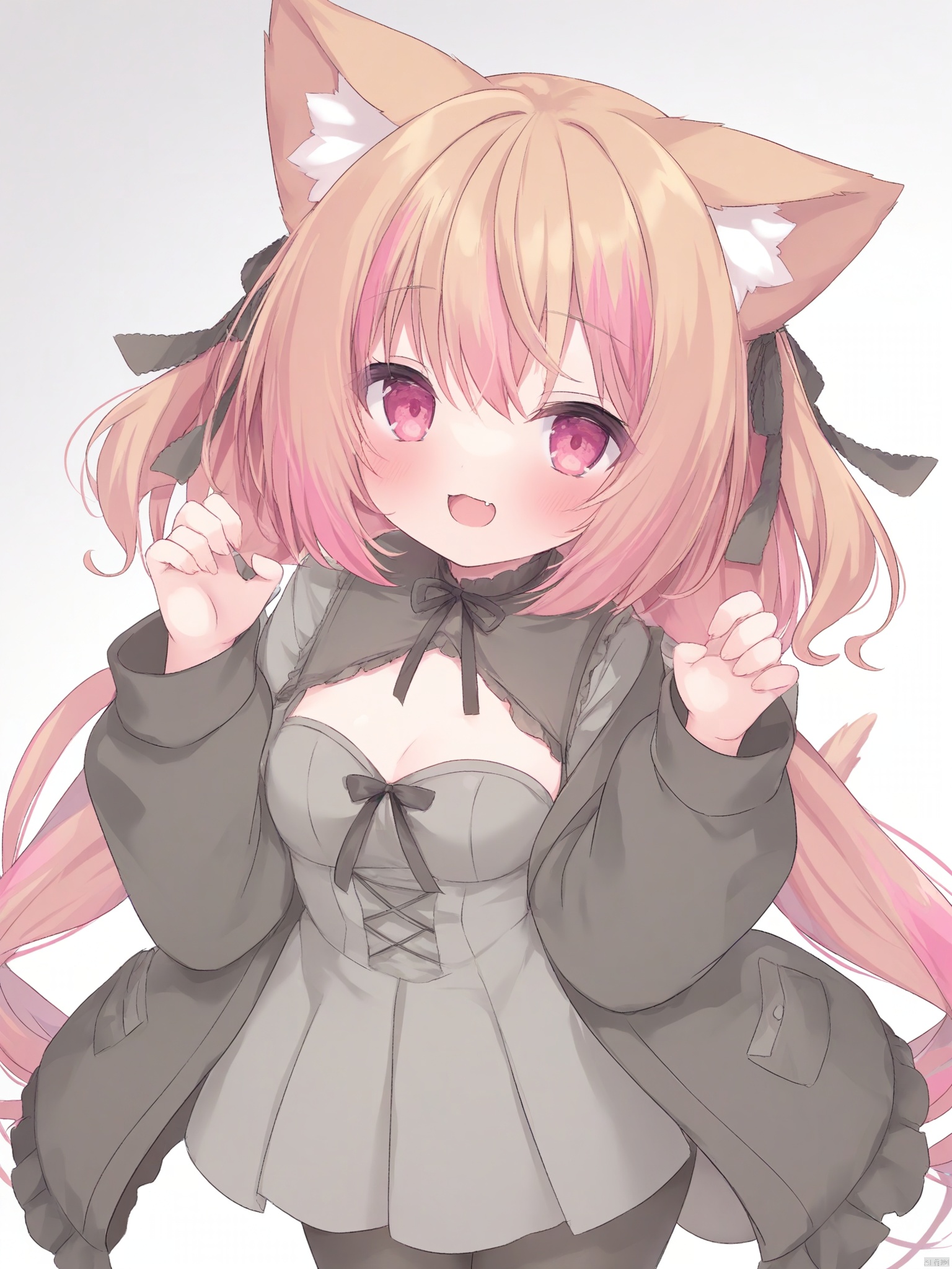 loli,cute,1girl, solo, long hair, breasts, looking at viewer, blush, smile, open mouth, bangs, simple background, brown hair, red eyes, long sleeves, white background, dress, ribbon, animal ears, cleavage, hair between eyes, twintails, medium breasts, very long hair, standing, jacket, tail, hair ribbon, pink hair, :d, pantyhose, multicolored hair, cowboy shot, small breasts, fang, puffy sleeves, cat ears, off shoulder, two-tone hair, open jacket, streaked hair, black jacket, cat tail, animal ear fluff, hands up, clothing cutout, black ribbon, cat girl, puffy long sleeves, pleated dress, grey dress,