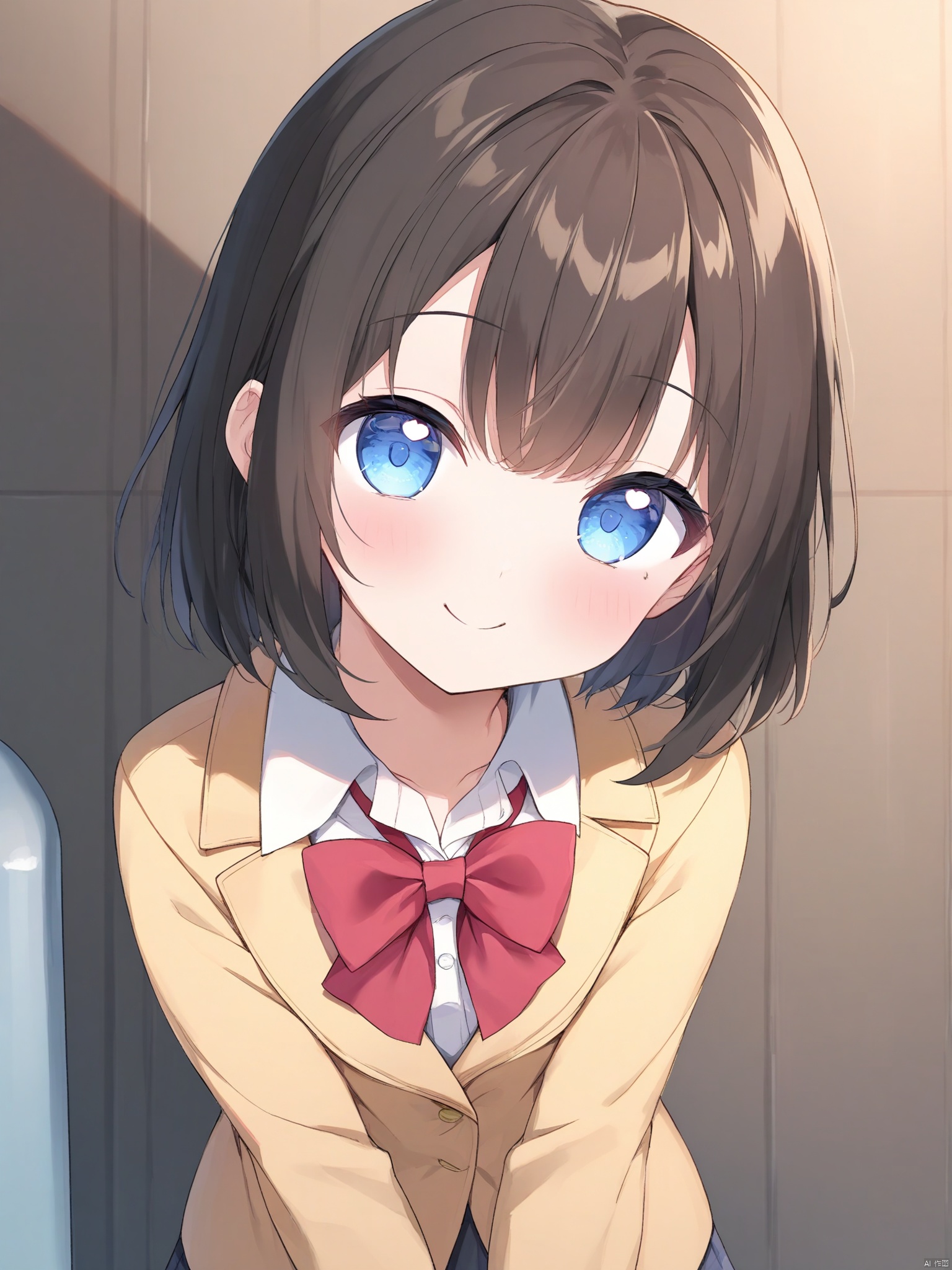 loli,cute,1girl, solo, looking at viewer, smile, short hair, bangs, blue eyes, skirt, shirt, long sleeves, ribbon, school uniform, jacket, white shirt,