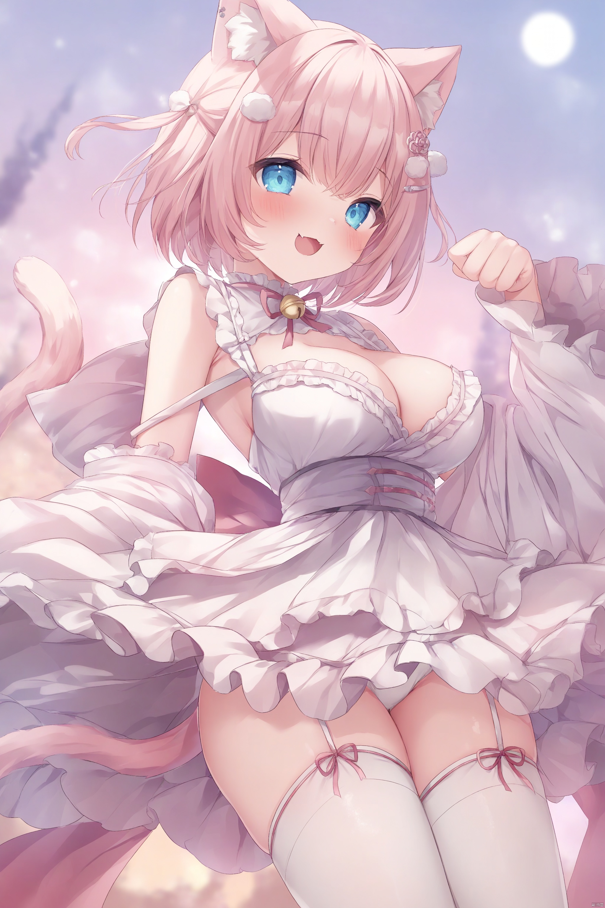 loli,cute,1girl, solo, breasts, looking at viewer, blush, smile, short hair, open mouth, bangs, blue eyes, large breasts, hair ornament, thighhighs, long sleeves, dress, ribbon, animal ears, cleavage, medium breasts, underwear, panties, tail, pink hair, :d, thighs, cowboy shot, frills, japanese clothes, virtual youtuber, cat ears, off shoulder, white panties, white thighhighs, two side up, cat tail, 