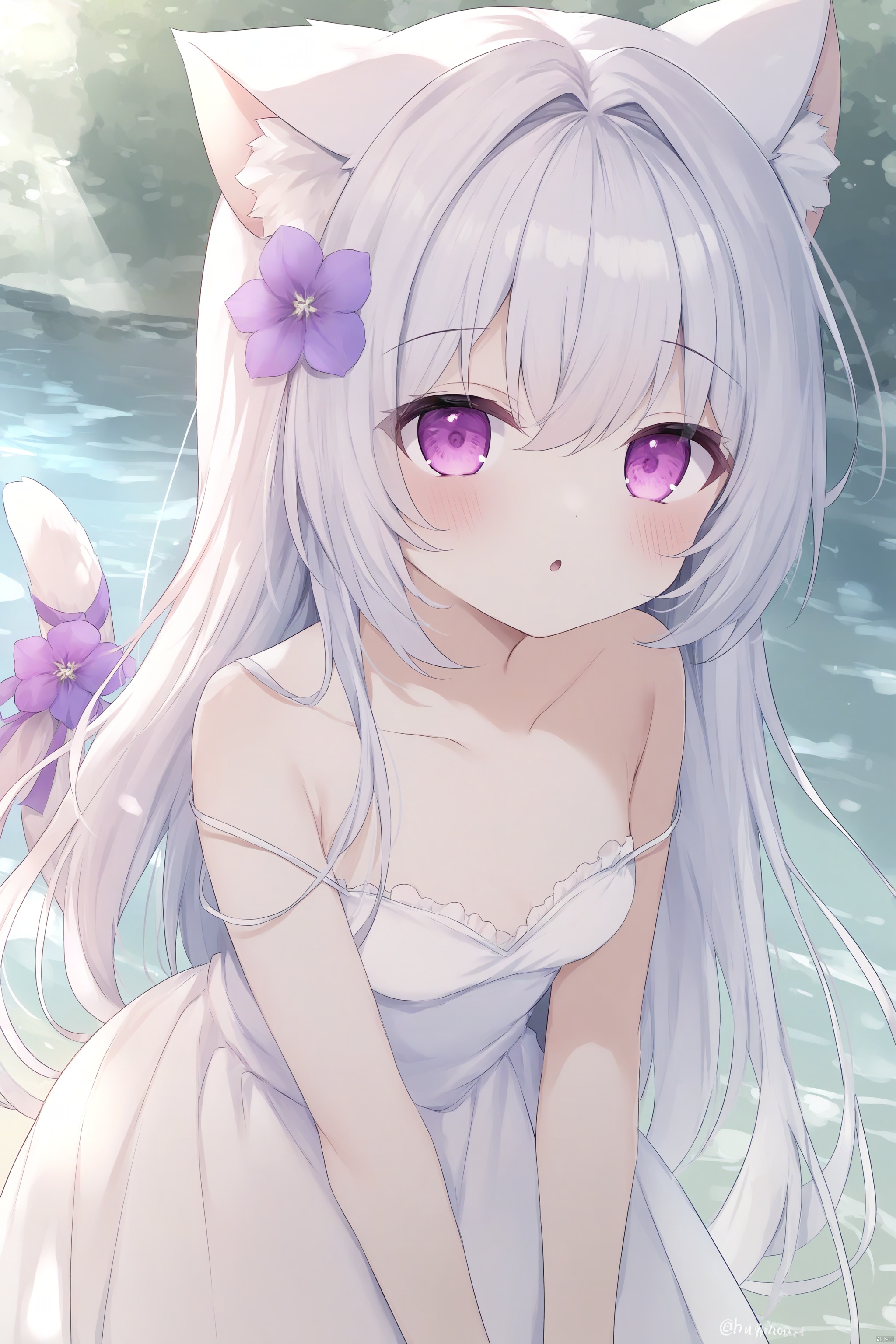 loli,cute,1girl, solo, breasts, looking at viewer, blush, bangs, hair ornament, dress, ribbon, animal ears, hair between eyes, bare shoulders, purple eyes, collarbone, tail, flower, white hair, grey hair, small breasts, parted lips, sleeveless, cat ears, hair flower, water, twitter username, white dress, :o, cat tail, animal ear fluff, bare arms, sleeveless dress, hair intakes, cat girl, strap slip, blue flower, purple flower, tail ornament, tail raised