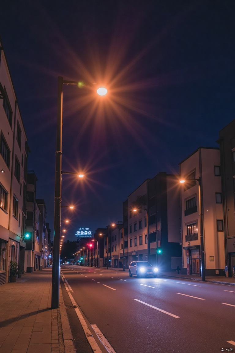 outdoors, no humans, night, ground vehicle, building, scenery, motor vehicle, city, car, light, road, cityscape, dark, lamppost, street, lights