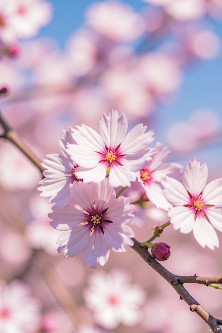 flower, outdoors, day, blurry, tree, no humans, cherry blossoms, scenery, branch