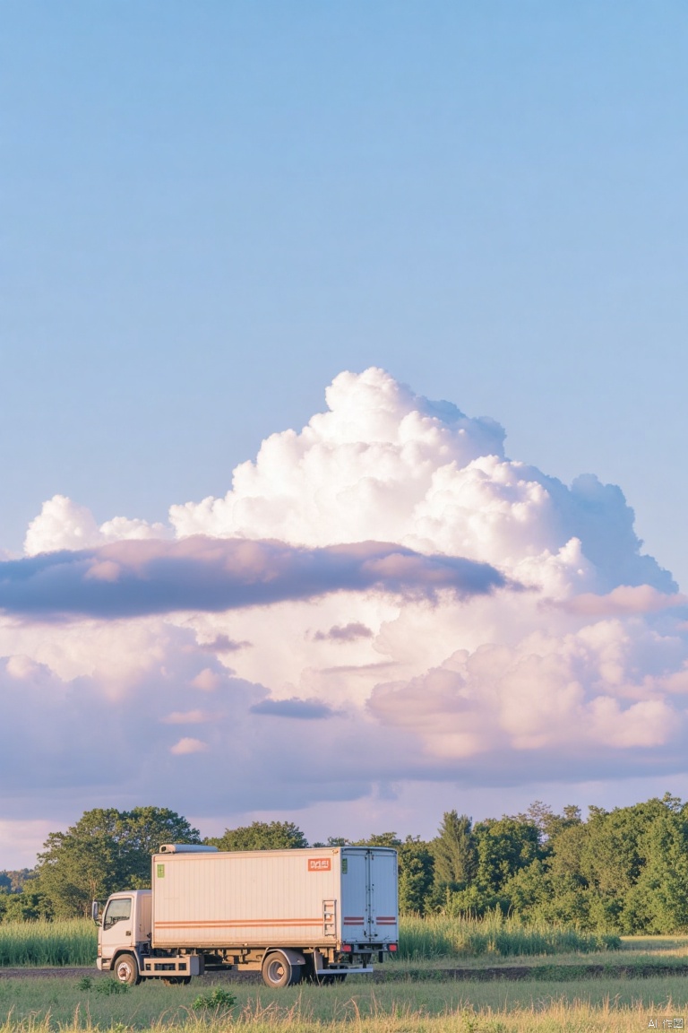 outdoors, sky, day, cloud, tree, blue sky, no humans, cloudy sky, grass, ground vehicle, nature, scenery, motor vehicle, forest, car, road, field