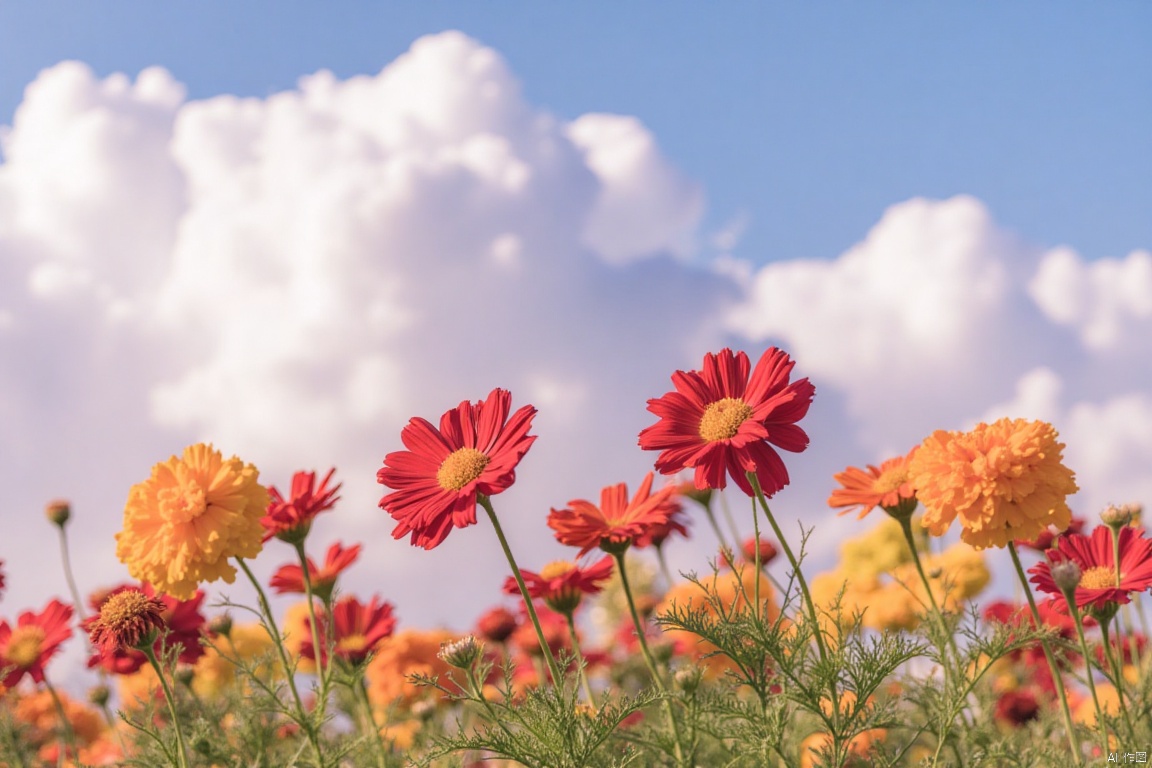 flower, outdoors, sky, day, cloud, blue sky, no humans, cloudy sky, plant, red flower, scenery, orange flower