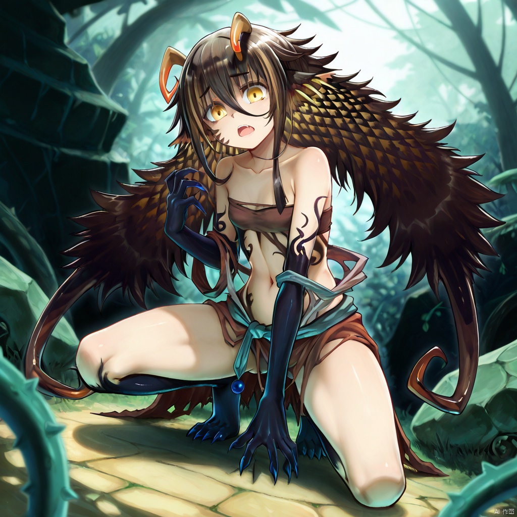 masterpiece, best quality, high quality, Traptrix Holetaea \(ygo\), 1girl, solo, long hair, open mouth, brown hair, black hair, yellow eyes, horns, claws, rolling,
