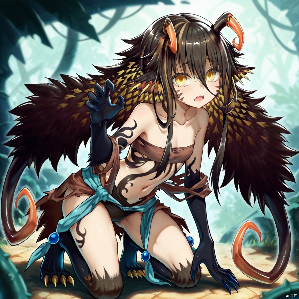 masterpiece, best quality, high quality, Traptrix Holetaea \(ygo\), 1girl, solo, long hair, open mouth, brown hair, black hair, yellow eyes, horns, monster girl, claws,