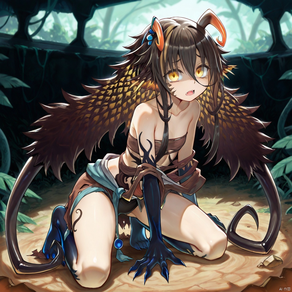 masterpiece, best quality, high quality, Traptrix Holetaea \(ygo\), 1girl, solo, long hair, open mouth, brown hair, black hair, yellow eyes, horns, claws, rolling on the ground,