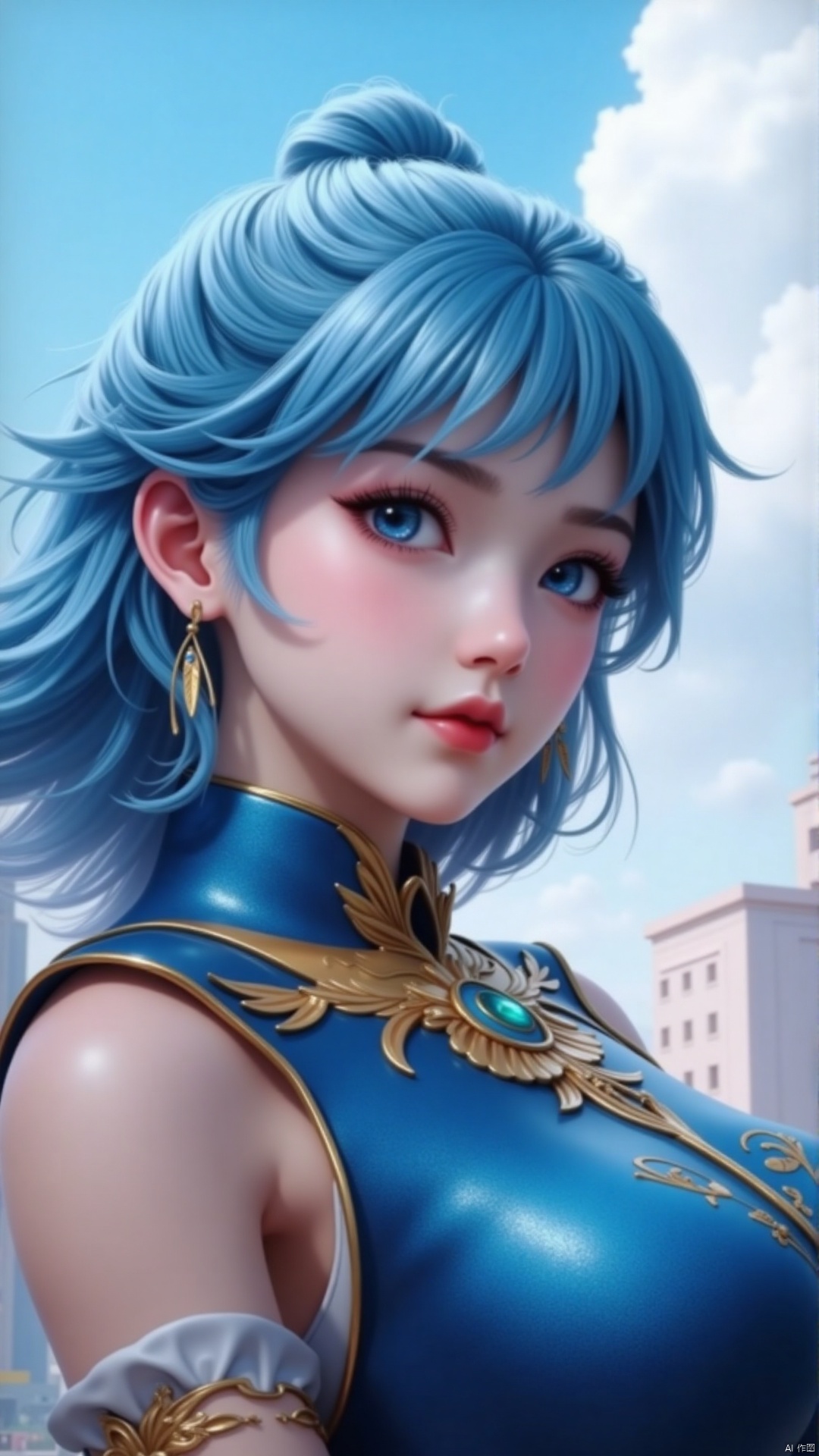 a close up of a person with blue hair and a costume on and a sky background with buildings and clouds