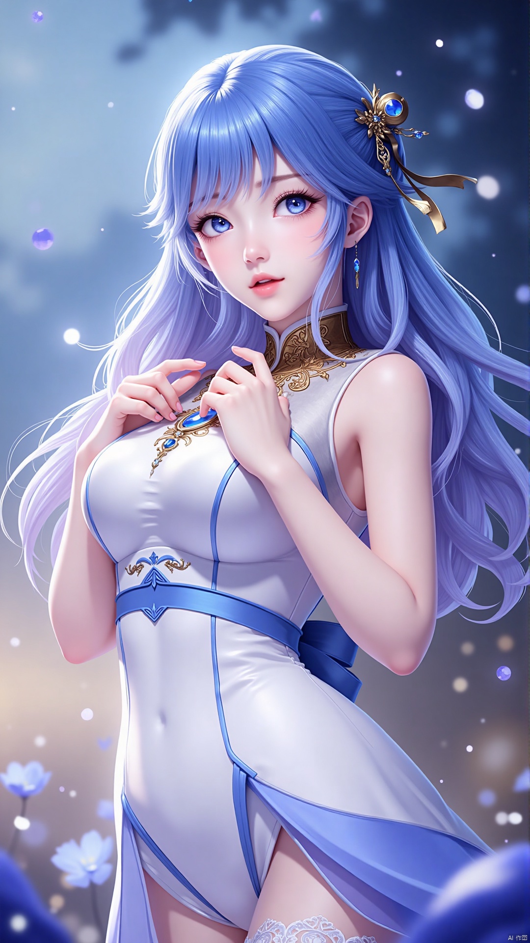 SFW,(masterpiece:1.2),best quality,absurdres,masterpiece,original,extremely detailed wallpaper,perfect lighting,(extremely detailed CG:1.2),1girl,solo,long hair,blue eyes,hair ornament,blue hair,body,blurry,blurry background,veil,mouth veil,