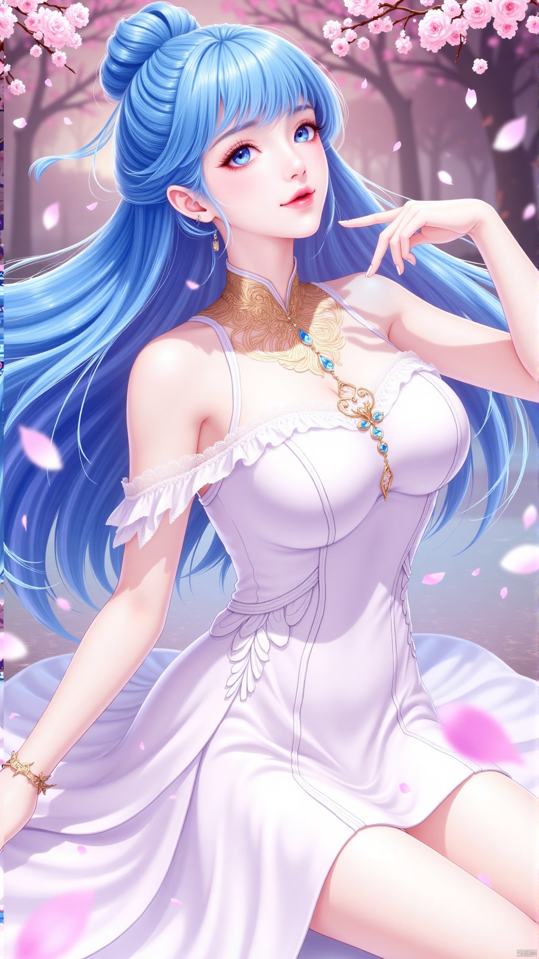 1girl,artist name,bare shoulders,blue eyes,blue hair,breasts,cherry blossoms,dress,falling petals,jewelry,lips,long hair,makeup,medium breasts,petals,rose petals,solo,very long hair,,