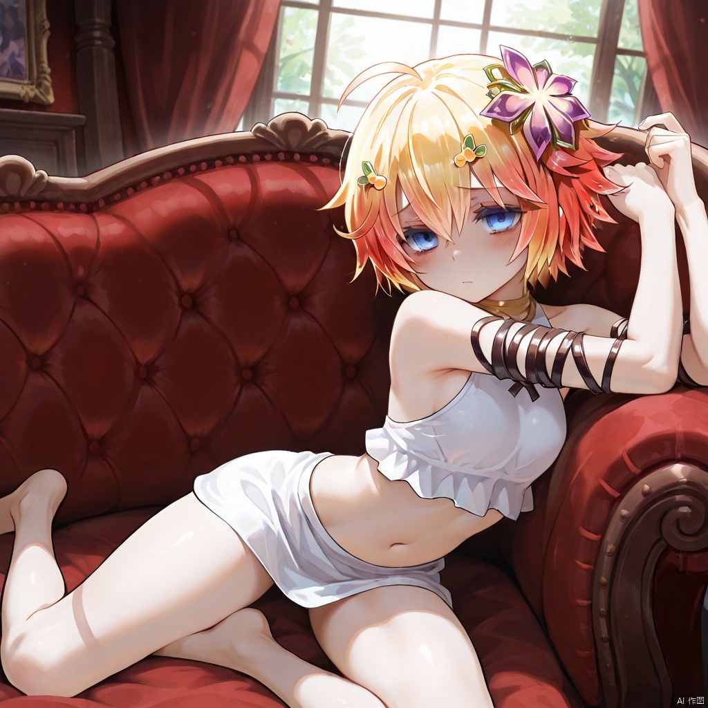 masterpiece, best quality, high quality, Traptrix Pudica \(ygo\), 1girl, solo, short hair, blue eyes, blonde hair, hair ornament, ahoge, multicolored hair, barefoot,