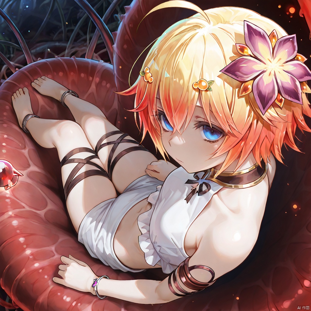 masterpiece, best quality, high quality, Traptrix Pudica \(ygo\), 1girl, solo, looking at viewer, short hair, blue eyes, blonde hair, hair ornament, ribbon, hair between eyes, bare shoulders, jewelry, sitting, full body, flower, ahoge, multicolored hair, barefoot, midriff, hair flower, star \(symbol\), bracelet, from above, bandages, armlet, anklet, leg ribbon,