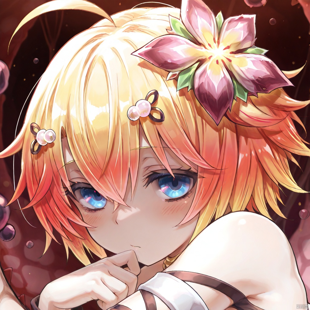 masterpiece, best quality, high quality, Traptrix Pudica \(ygo\), 1girl, solo, short hair, blue eyes, blonde hair, hair ornament, hair between eyes, ahoge, multicolored hair, hair flower,