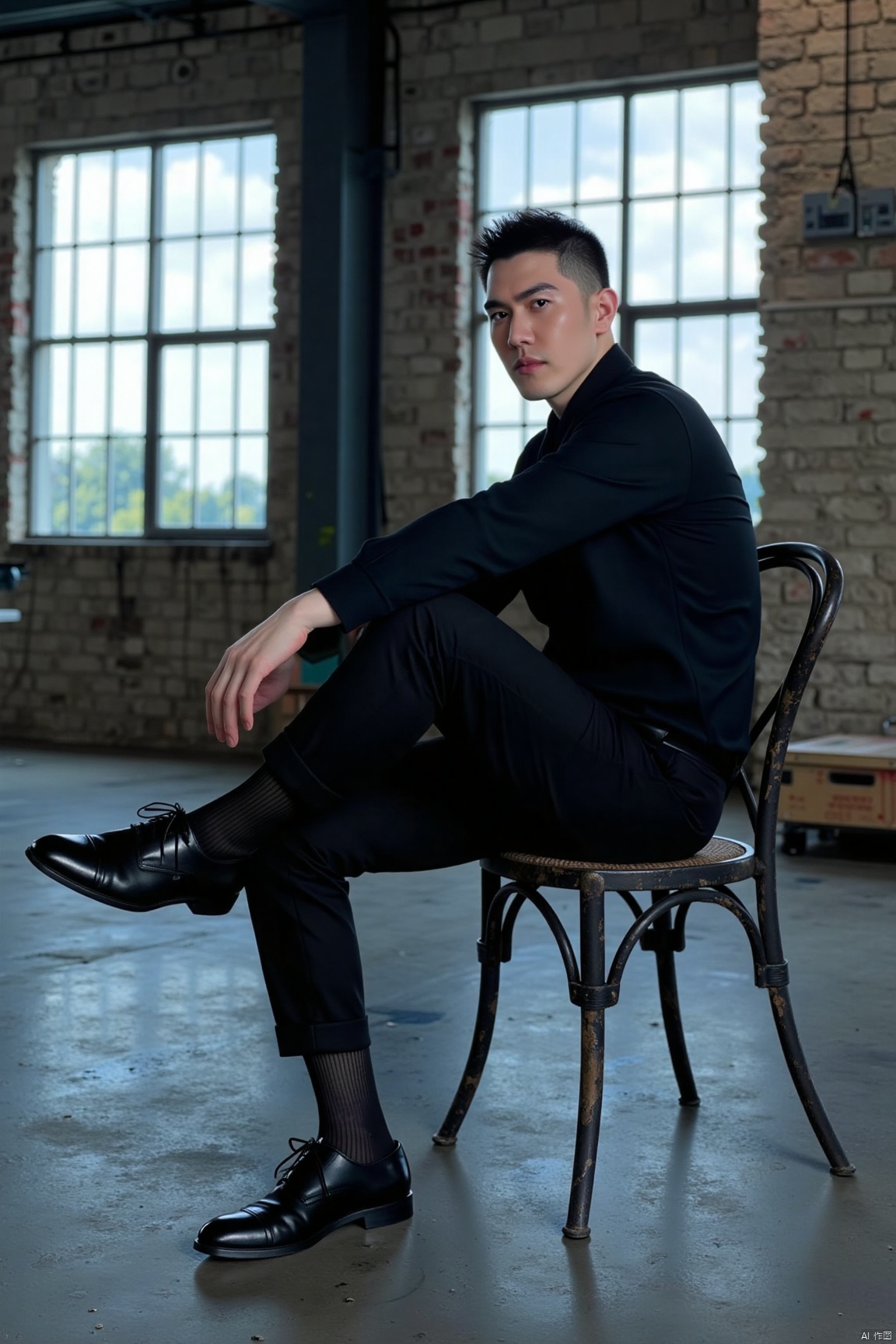 The man sits casually on a shabby iron chair. His black leather shoes are paired with black striped sheer socks.In an industrial-style old warehouse, the natural light shining through the skylight has a mottled feeling, creating a unique light and shadow effect, with a post-modern mix-and-match style. A Fuji X-T4 camera, with an aperture of f/2.2, a shutter speed of 1/150s, and an ISO of 500. The color tone of the picture is cool blue-green. By using the light and dark contrast of light and shadow and the grainy effect, it shows the charm of roughness and fashion intertwined.