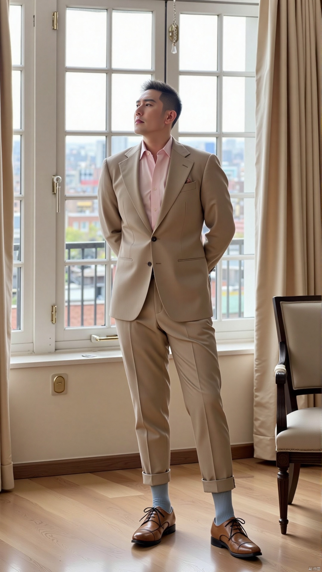 A mature man with a tall and straight posture, an elegant temperament, and slightly graying temples, has a gentle face and a calm look in his eyes that reflects the precipitation of years. He is dressed in a light camel-colored formal suit, with an open-necked light pink shirt underneath, and paired with light blue sheer socks. He has his hands behind his back, tilts his head slightly upward, and looks into the distance. He is in a top-floor study with a large French window, and the soft afternoon sunlight filters in gently through the curtains. In a classical oil painting art style, a medium format camera is used, with an aperture of f/5.6 and a shutter speed of 1/150. The overall color tone is warm yellow, with a slight vintage grain effect added.