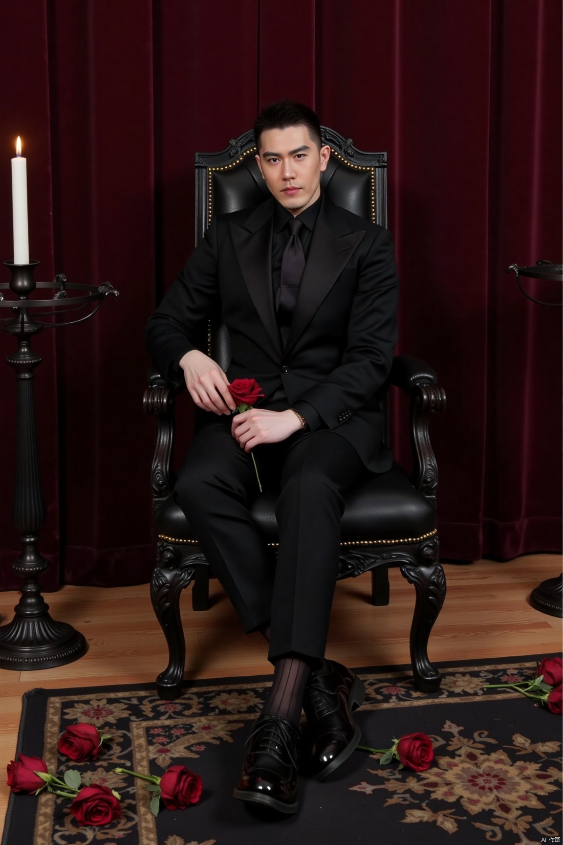 (gothic style photography:1.3), (deep burgundy velvet curtains:1.2), antique carved wooden floor, high-back black leather chair, (gothic iron candelabra:1.1), withered roses scattered on ground, dark gold-trimmed rug, (slender caucasian male model:1.2), pale skin, black medium-length hair, hollow cheeks, wearing tight black tailcoat with cropped pants revealing black sheer socks (visible vein texture), pointed patent leather oxford shoes, (back-right rim light penetrating sheer socks:1.3), flickering candlelight shadows, hand caressing ankle with rose, overhead angle composition, high contrast, (8K film grain:1.2), (delicate fabric texture:1.1), (cinematic lighting:1.2), dark academia, baroque elements