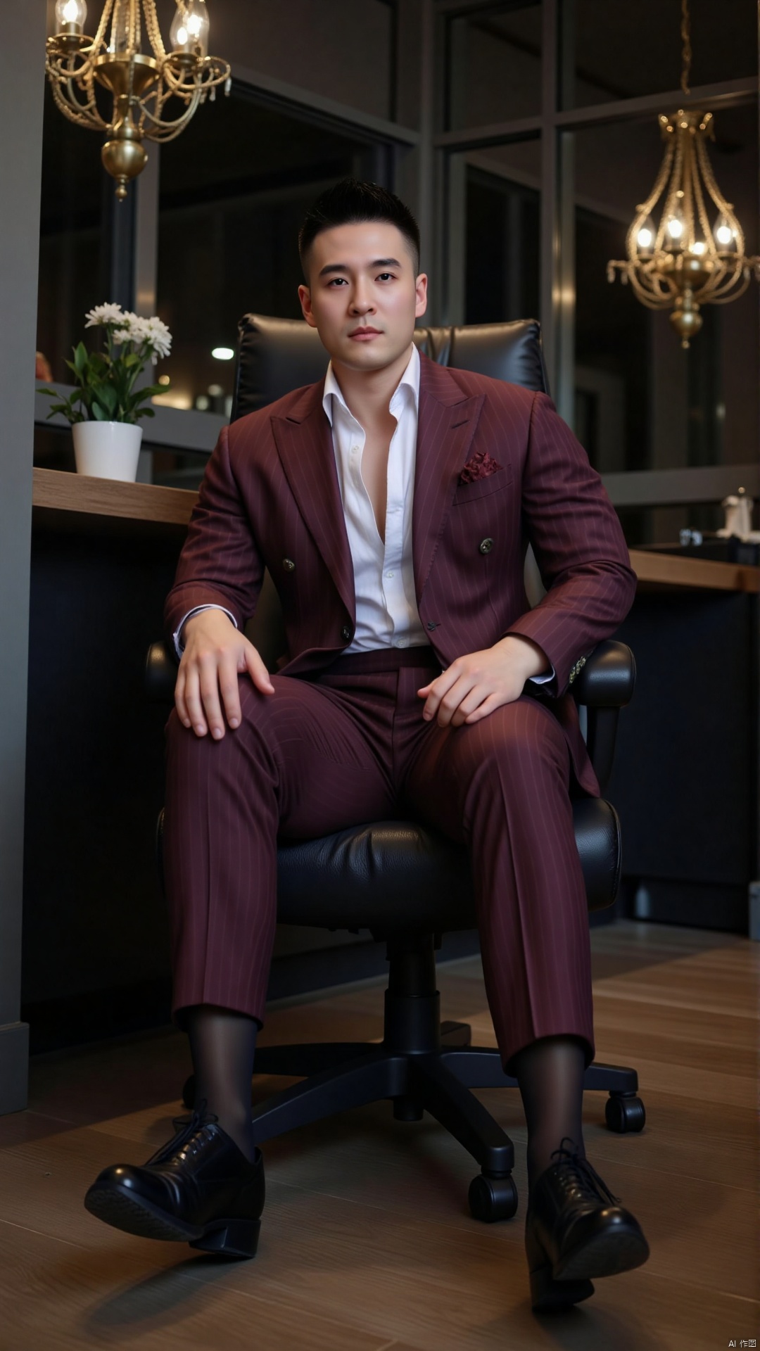 A mature man with a strong build, well-defined features, and a short crew cut hairstyle, his eyes are firm and focused. He is wearing a burgundy formal suit, with an open-necked white shirt underneath, and paired with dark brown sheer socks. He is sitting on a leather office chair, his legs slightly apart, one hand resting on the armrest and the other on his leg. He is in a modern industrial-style office, with the light provided by several uniquely shaped chandeliers, creating a tough atmosphere. In a cyberpunk art style, a professional SLR camera is used, with an aperture of f/2.2 and a shutter speed of 1/80. The overall color tone is dark, with a cold tone of metallic texture, and a slight neon light effect added.