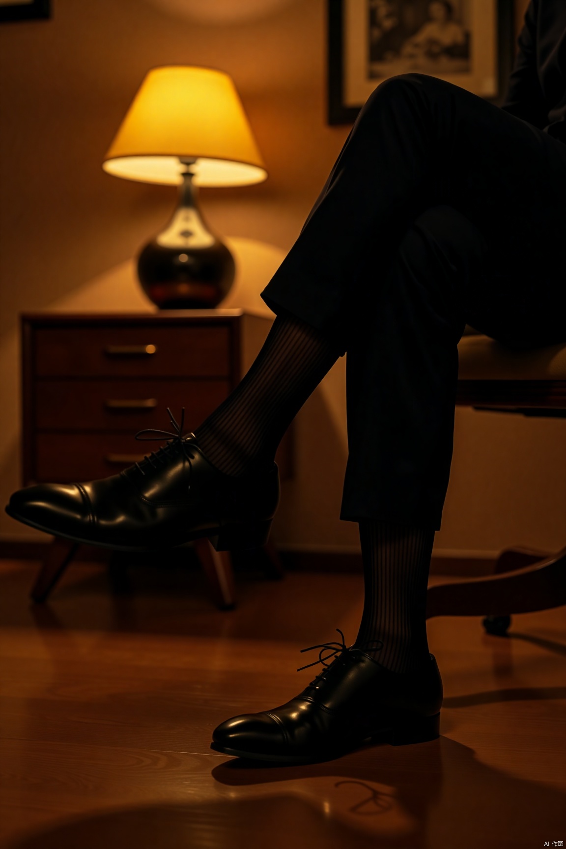 In a retro-style study, a warm yellow table lamp casts a soft light from the side, outlining the lower body of a man sitting on a wooden chair. The overall style is retro-realistic. A Canon 5D4 camera, with an aperture of f/2.8, a shutter speed of 1/125s, and an ISO of 800, accurately captures the scene. The color tone is mainly warm brown. The man is wearing black leather shoes paired with black sheer striped socks. The folds of the pants look natural, and the sheer socks show more texture under the light and shadow, creating a quiet and elegant atmosphere.