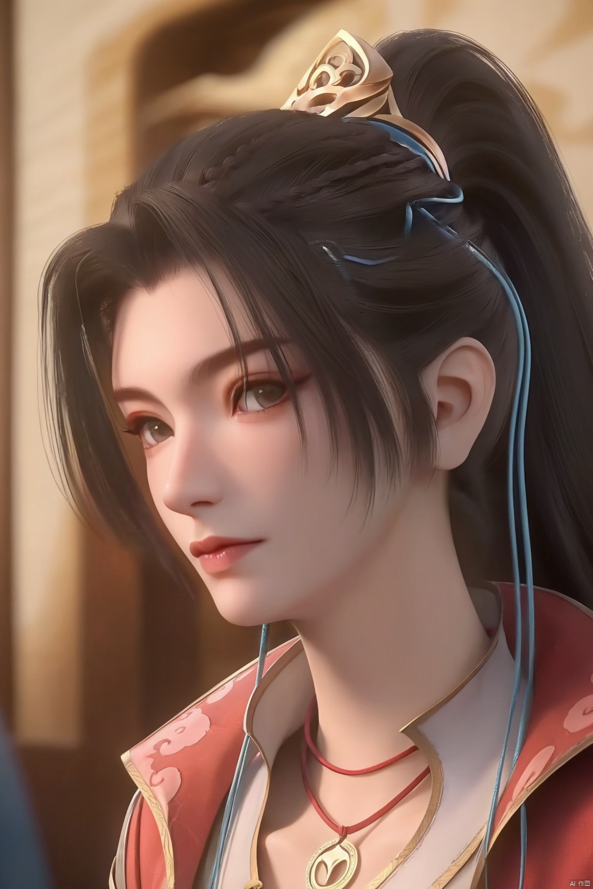 score_9, score_8_up, score_7_up,highly detailed digital,CG,1girl, solo, long hair, looking at viewer, brown hair, black hair, hair ornament, jewelry, closed mouth, jacket, upper body, ponytail,necklace, portrait