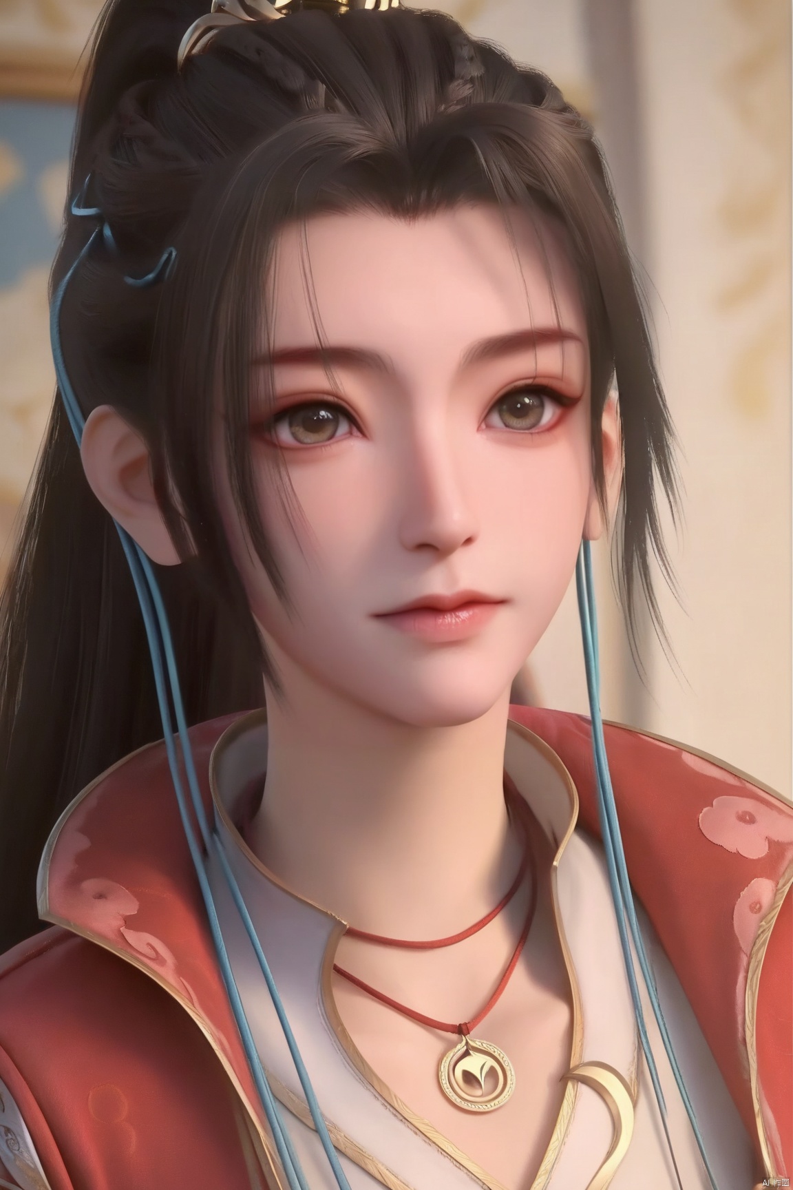 score_9, score_8_up, score_7_up,highly detailed digital,CG,1girl, solo, long hair, looking at viewer, brown hair, black hair, hair ornament, jewelry, closed mouth, jacket, upper body, ponytail, indoors, necklace, portrait