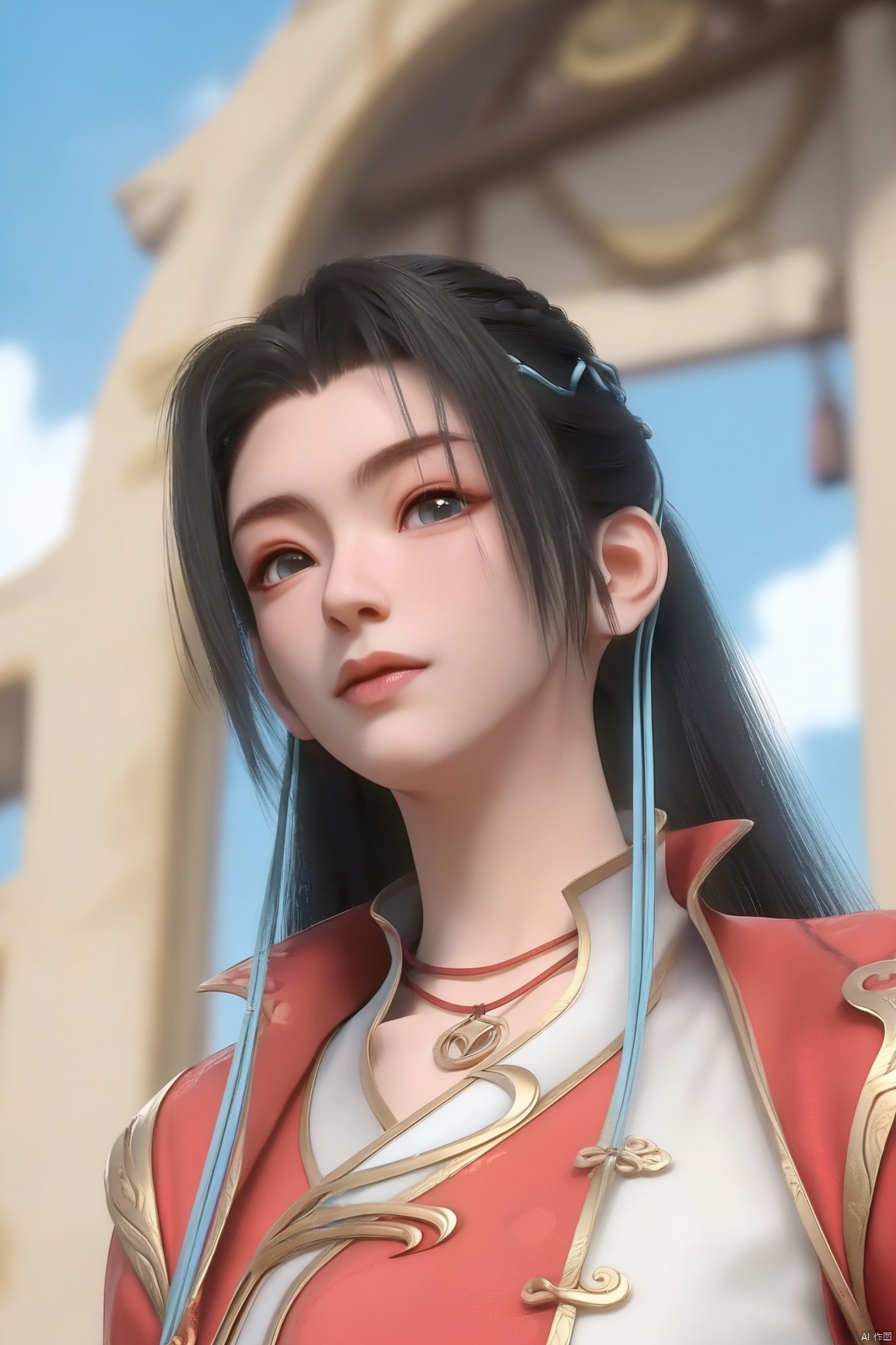 score_9, score_8_up, score_7_up,highly detailed digital,CG,1girl, solo, long hair, black hair, dress, jewelry, upper body, outdoors, sky, day, necklace, blue sky, looking_at_viewer, chinese clothes