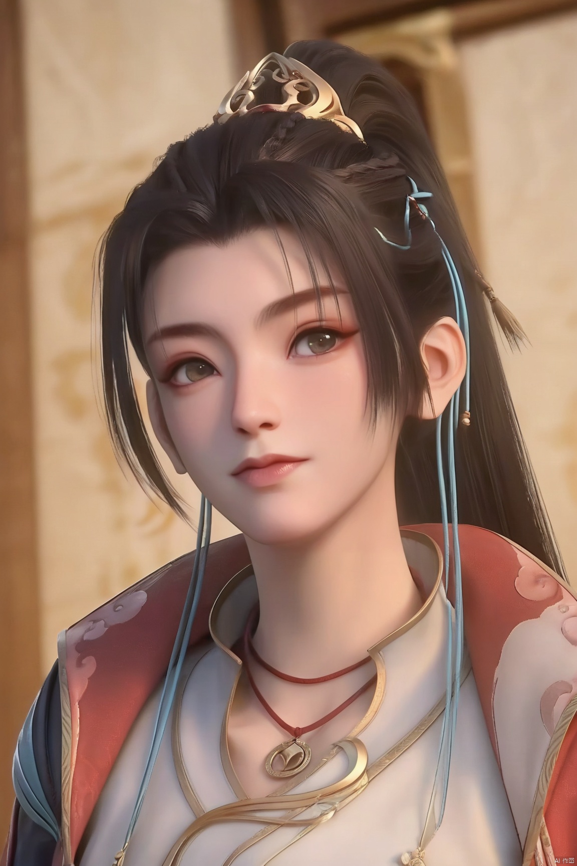 score_9, score_8_up, score_7_up,highly detailed digital,CG,1girl, solo, long hair, looking at viewer, brown hair, black hair, hair ornament, jewelry, closed mouth, jacket, upper body, ponytail, indoors, necklace, portrait