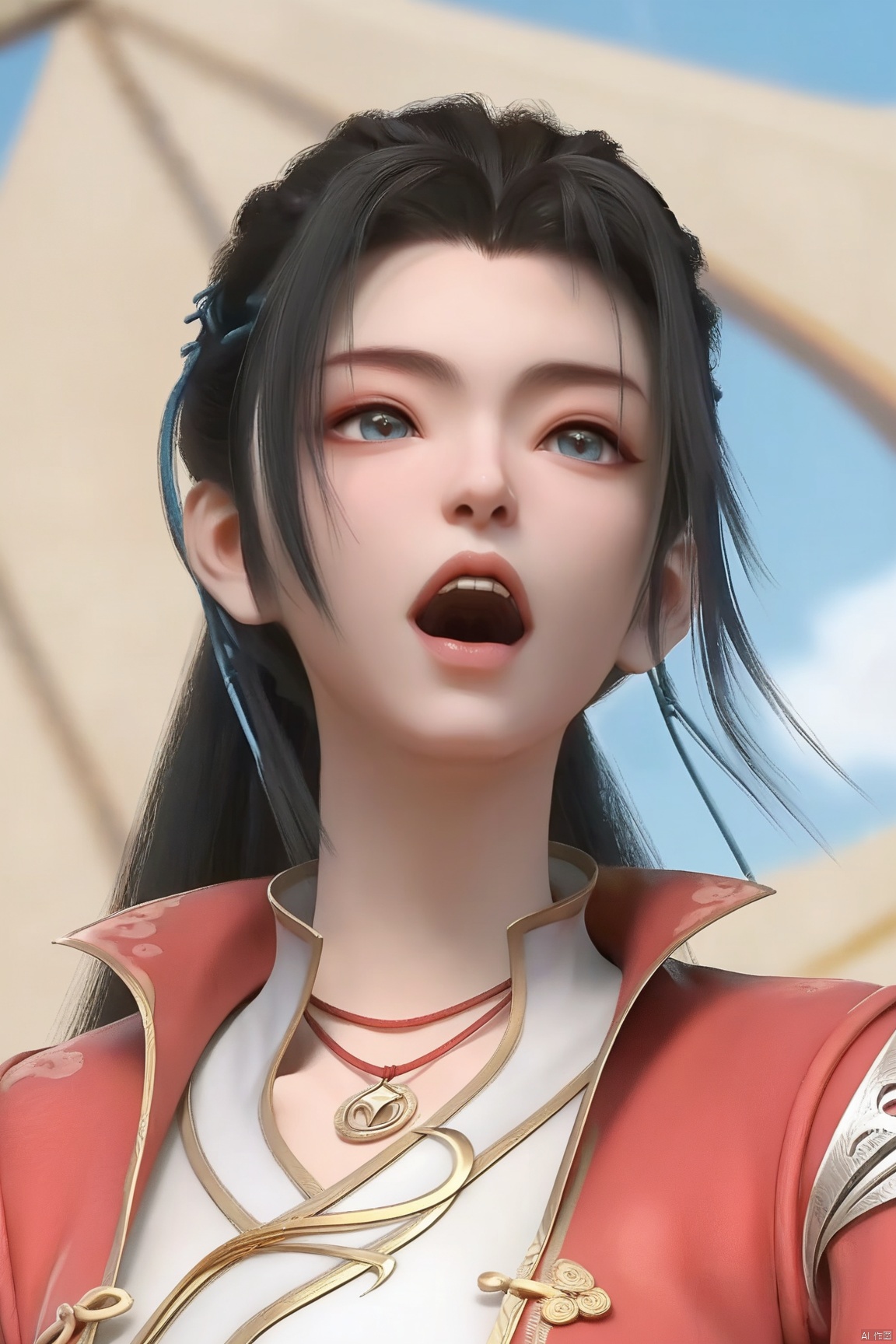 score_9, score_8_up, score_7_up,highly detailed digital,CG,1girl, solo, long hair, open mouth, black hair, dress, jewelry, upper body, outdoors, sky, teeth, day, necklace, blue sky, looking_at_viewer, chinese clothes