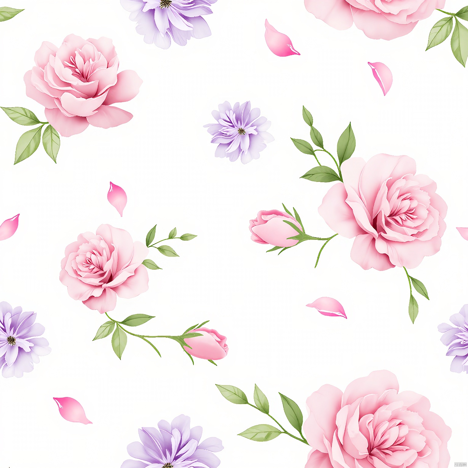 HWTA, Watercolor painting of a seamless floral pattern, featuring large, detailed pink and purple roses with green leaves. Small, delicate buds and scattered rose petals add to the composition. The flowers are arranged in a repeating, elegant pattern against a white background. The style is realistic with a soft, watercolor texture, giving the image a delicate and romantic feel. The overall color palette is soft and pastel, creating a calming and aesthetically pleasing effect. The image is high quality and vibrant, with a focus on the intricate details of the flowers and leaves.