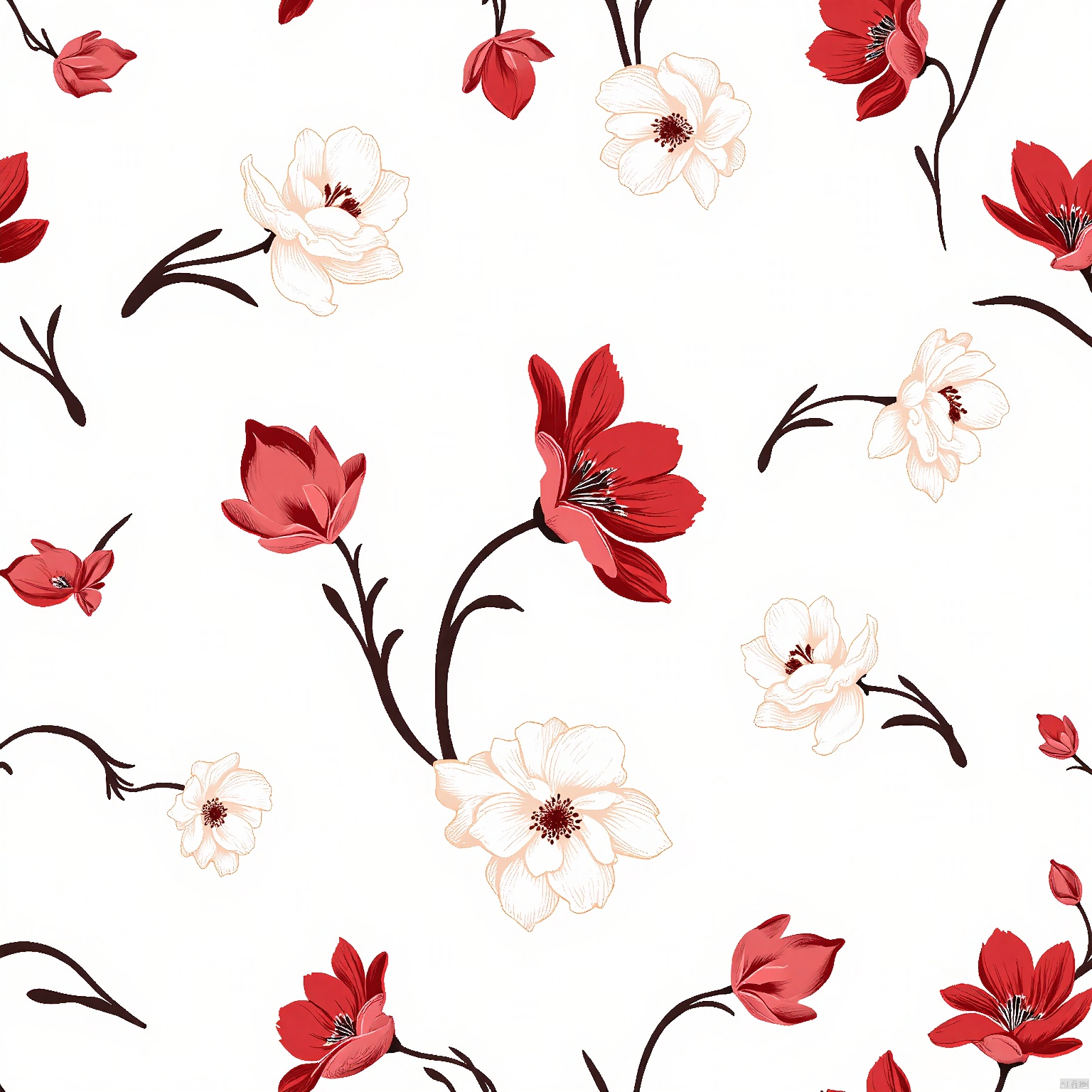 HWTA, A seamless pattern featuring intricate, stylized flowers in various stages of bloom. The flowers are primarily red and white, with intricate detailing of petals and stamens. The background is white, and the flowers are scattered evenly across the image. The style is reminiscent of vintage botanical illustrations, with a combination of smooth and textured elements. The flowers are surrounded by dark, wavy lines that add a dynamic feel to the composition. The overall aesthetic is elegant and sophisticated, with a touch of vintage charm.