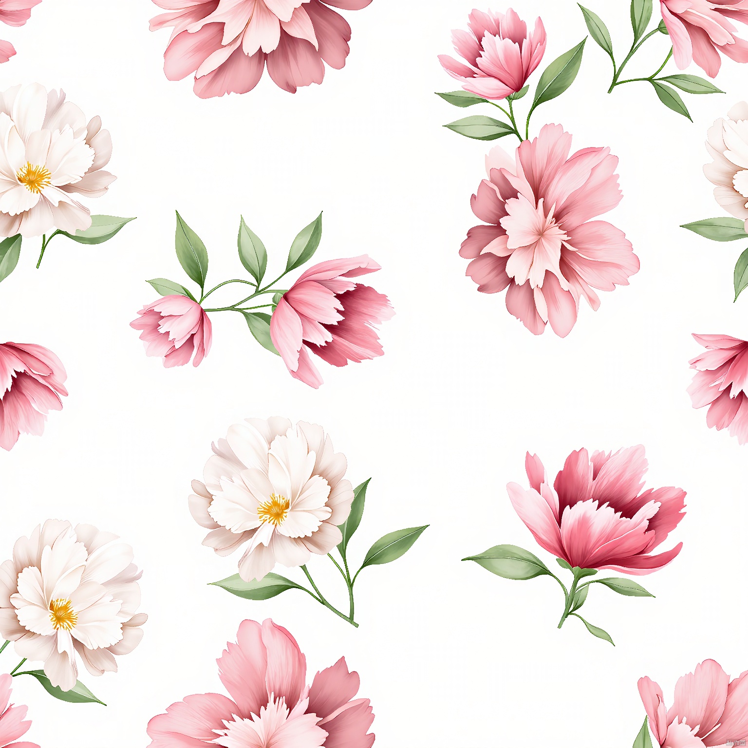 HWTA, A digital painting of a seamless floral pattern featuring large, detailed peonies in shades of pink, white, and red. The flowers are surrounded by lush green leaves, and the background is a clean, white canvas. The style is realistic with a soft, watercolor-like texture. The peonies are arranged in a random, organic manner, creating a visually appealing and balanced composition. The flowers are in various stages of bloom, adding depth and interest to the design. The overall aesthetic is elegant and timeless, suitable for use in decorative prints, wallpaper, or fabric design.