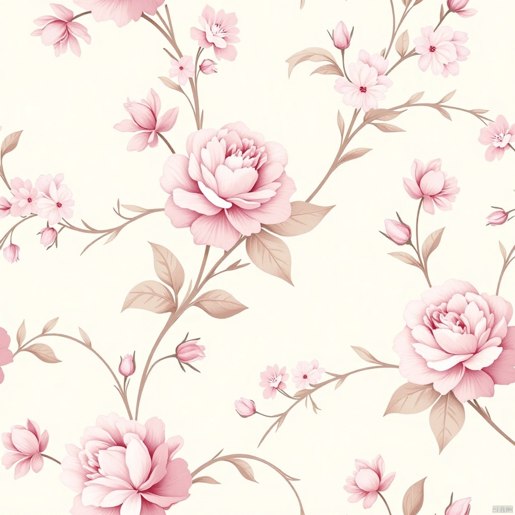 HWTA, Photograph of a seamless floral pattern featuring pink roses and smaller pink and white flowers on thin, winding stems. The flowers are detailed with realistic textures and shading, giving them a lifelike appearance. The background is a soft, muted beige, which contrasts nicely with the vibrant pink hues of the flowers. The floral arrangement is evenly spaced and repeated throughout the image, creating a consistent and elegant design. The overall aesthetic is delicate and romantic, suitable for wallpaper, fabric, or other decorative purposes. The image is high quality and clear.