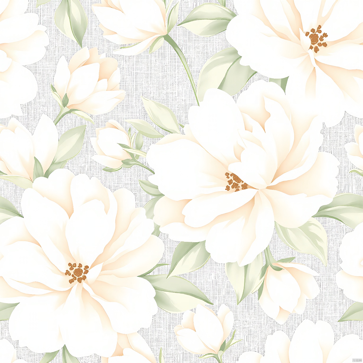HWTA, Digital artwork of a seamless floral pattern featuring large white peonies with soft, light brown centers, surrounded by smaller buds and green leaves. The background is a muted gray with a subtle, textured fabric-like appearance. The flowers have a delicate, watercolor style, with soft shading and gentle gradients. The overall aesthetic is elegant and classic, with a focus on natural beauty and simplicity. The design is symmetrical and balanced, with a repeating motif that creates a cohesive and harmonious visual experience.