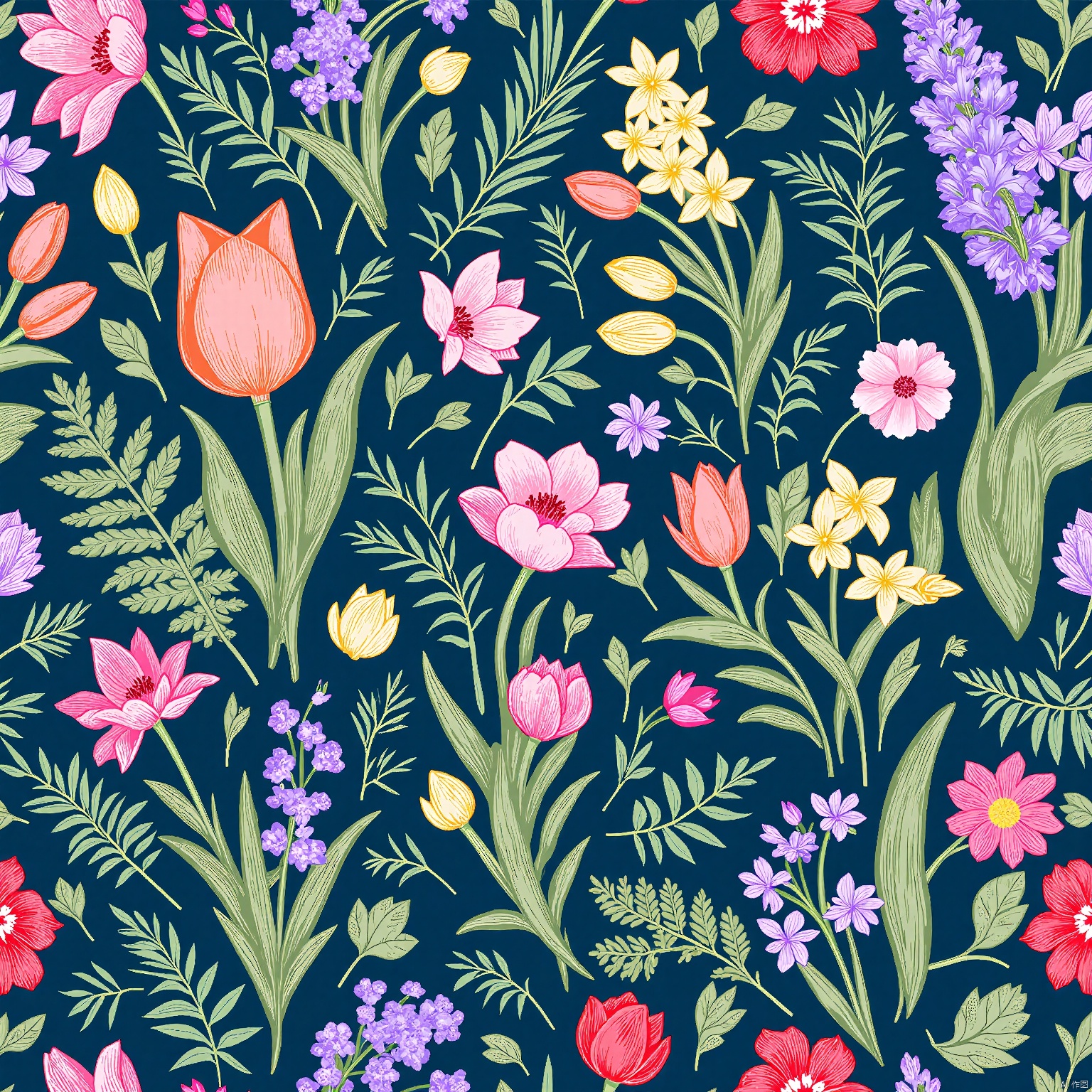 HWTA, A seamless, vibrant botanical pattern featuring a variety of flowers and foliage on a dark blue background. The flowers include pink and red tulips, purple and yellow daffodils, and orange and pink peonies. There are also ferns, lavender, and various other plants. The illustration is done in a whimsical, hand-drawn style with intricate details and rich colors. The pattern is symmetrical and evenly spaced, creating a balanced and harmonious design.
