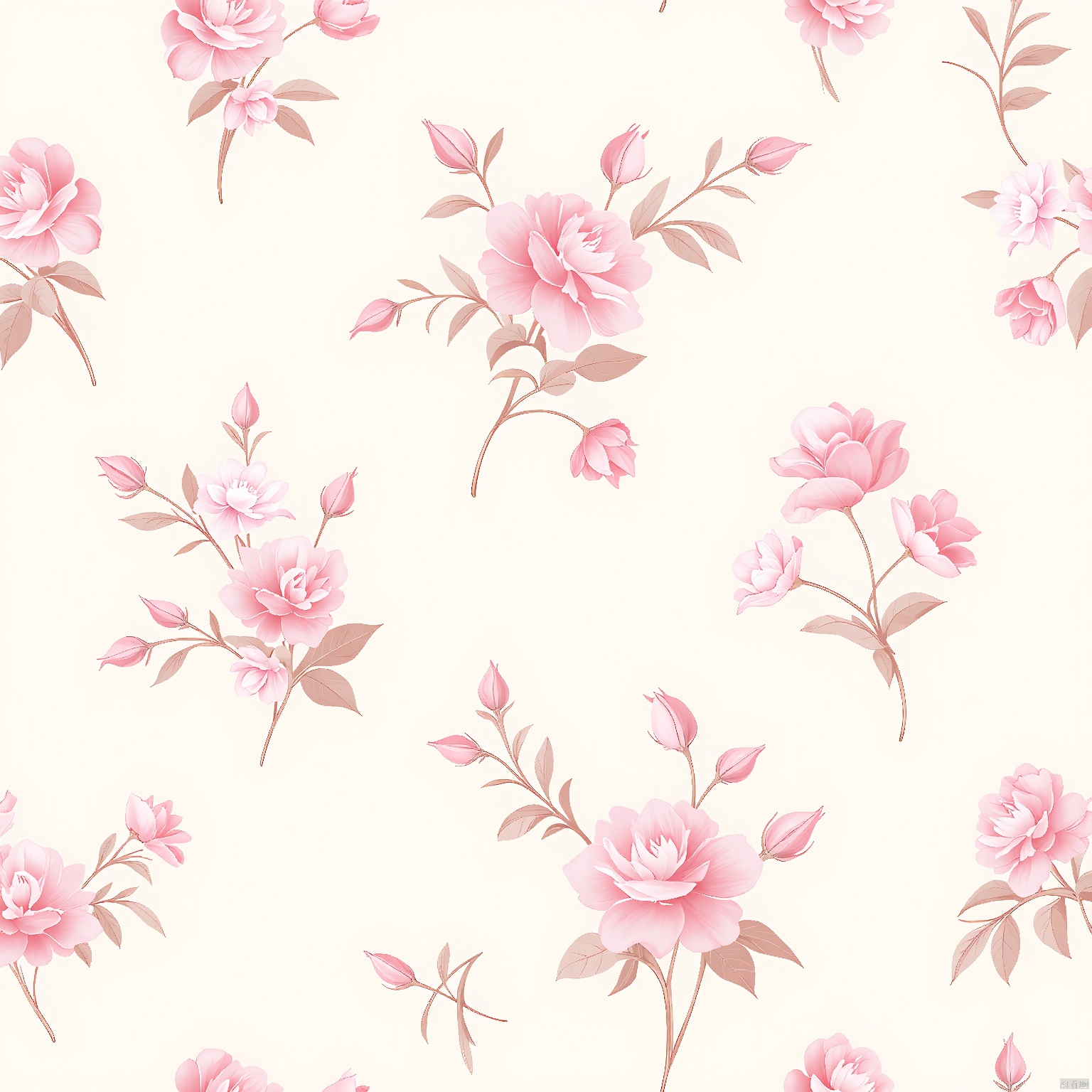 HWTA, Photograph of a seamless floral pattern featuring pink roses and smaller pink and white flowers on thin, winding stems. The flowers are detailed with realistic textures and shading, giving them a lifelike appearance. The background is a soft, muted beige, which contrasts nicely with the vibrant pink hues of the flowers. The floral arrangement is evenly spaced and repeated throughout the image, creating a consistent and elegant design. The overall aesthetic is delicate and romantic, suitable for wallpaper, fabric, or other decorative purposes. The image is high quality and clear.