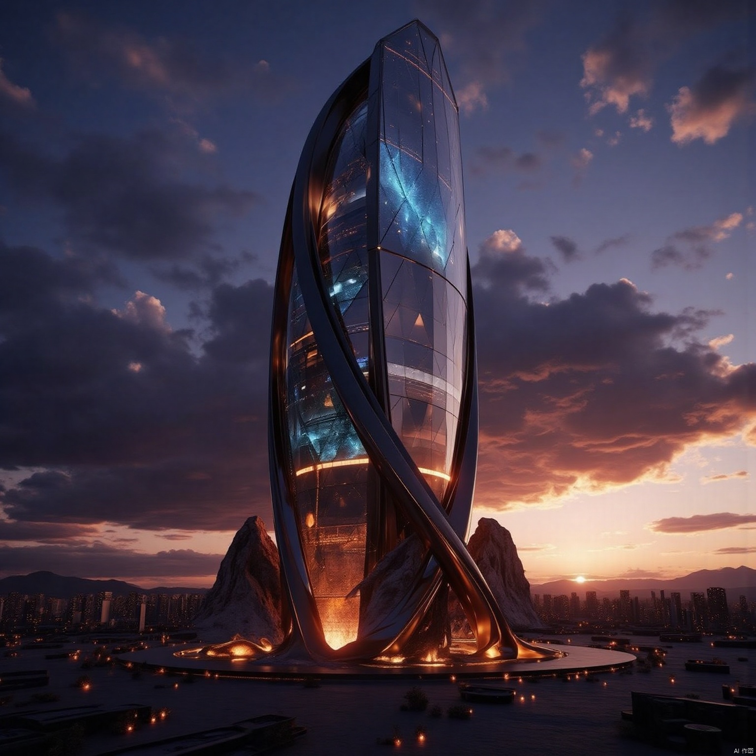 A crystalline data tower spirals upward in a desert metropolis, its faceted obsidian surfaces refracting aurora-like light bands across the sky. Cascading terraces mimic inverted mountain ridges, while subterranean glow from geothermal vents outlines the base with pulsating orange veins. The mirrored apex captures a dual-tone sunset where violet storm clouds collide with amber sunlight."