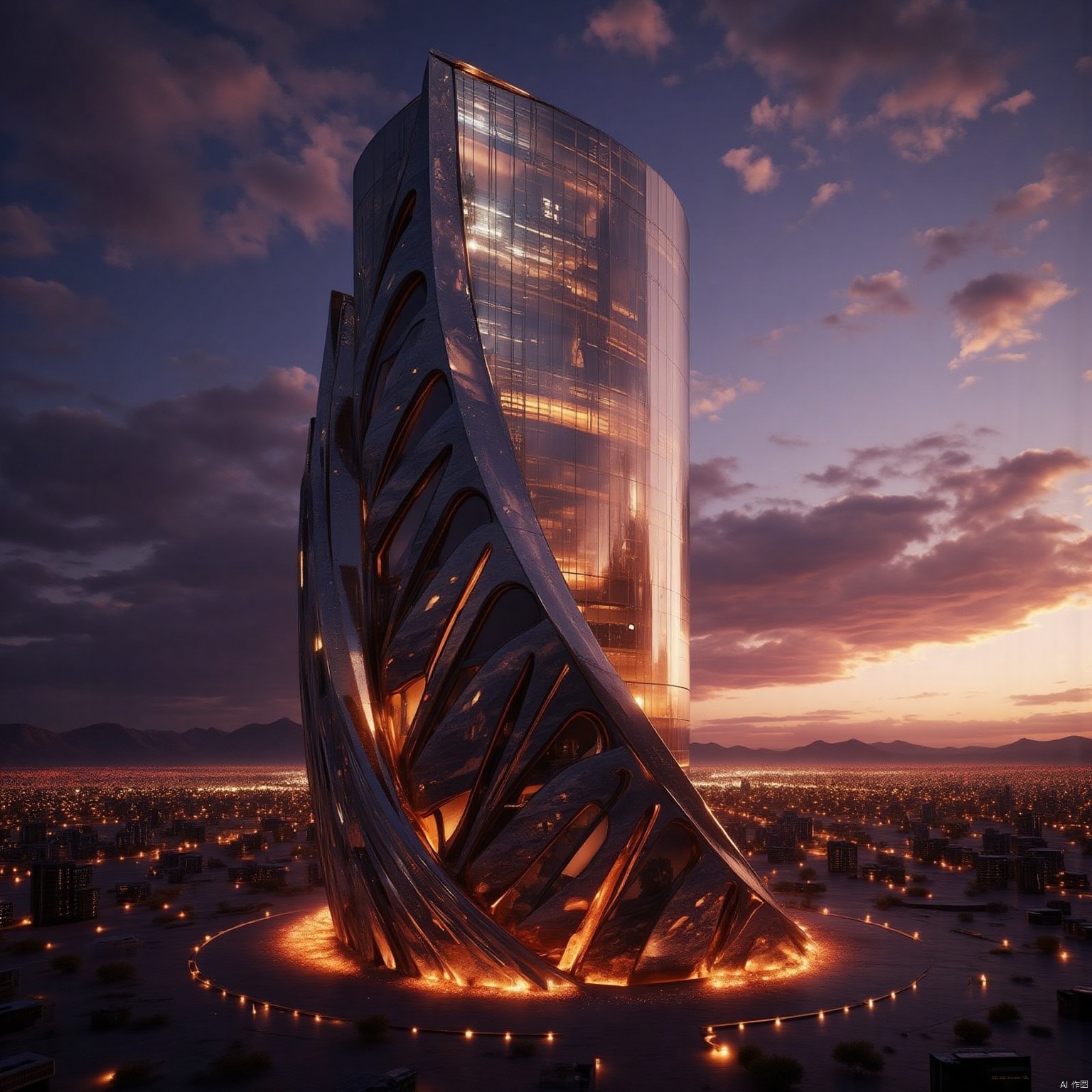 A crystalline data tower spirals upward in a desert metropolis, its faceted obsidian surfaces refracting aurora-like light bands across the sky. Cascading terraces mimic inverted mountain ridges, while subterranean glow from geothermal vents outlines the base with pulsating orange veins. The mirrored apex captures a dual-tone sunset where violet storm clouds collide with amber sunlight."