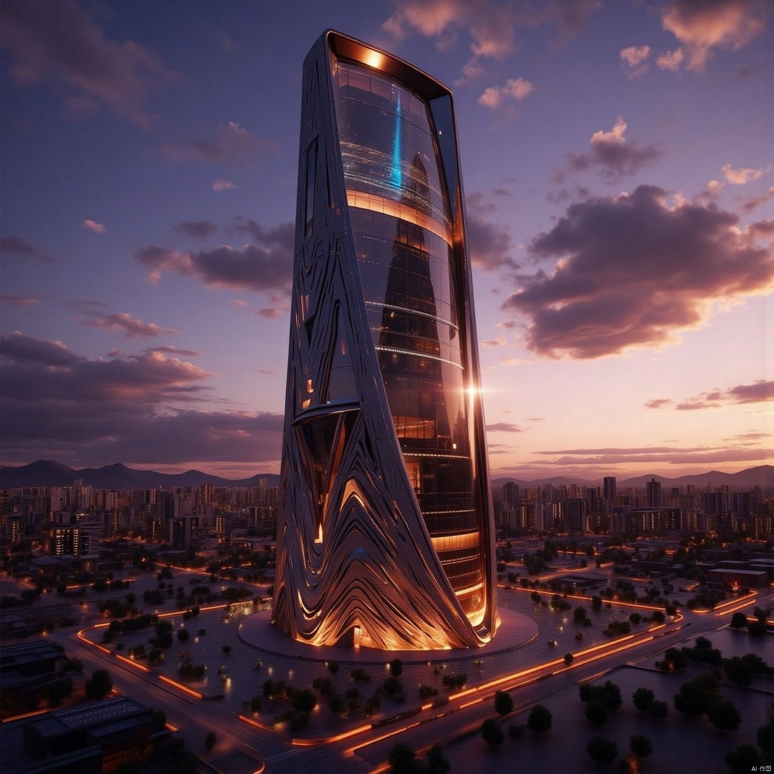 A crystalline data tower spirals upward in a desert metropolis, its faceted obsidian surfaces refracting aurora-like light bands across the sky. Cascading terraces mimic inverted mountain ridges, while subterranean glow from geothermal vents outlines the base with pulsating orange veins. The mirrored apex captures a dual-tone sunset where violet storm clouds collide with amber sunlight."