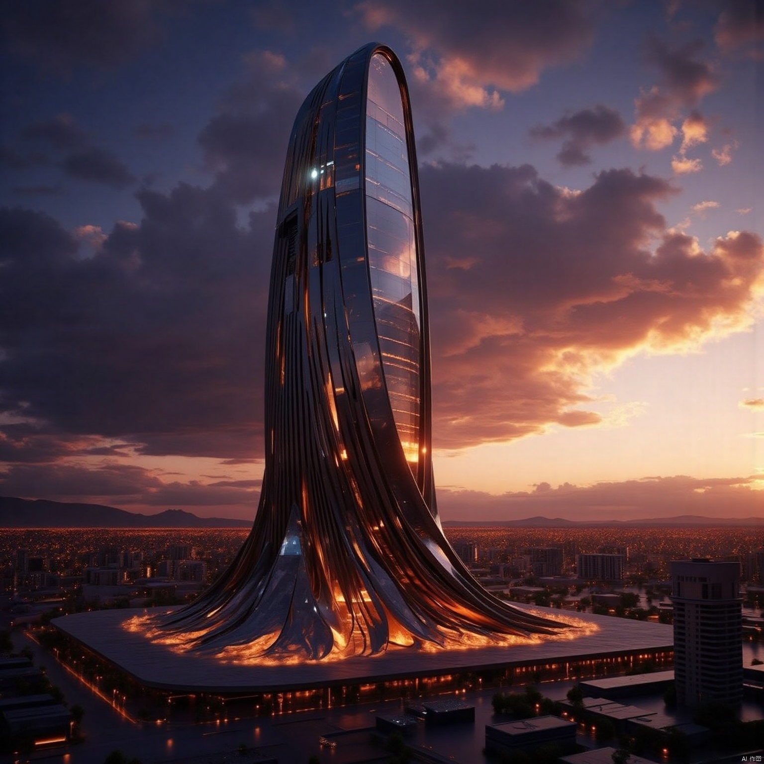 A crystalline data tower spirals upward in a desert metropolis, its faceted obsidian surfaces refracting aurora-like light bands across the sky. Cascading terraces mimic inverted mountain ridges, while subterranean glow from geothermal vents outlines the base with pulsating orange veins. The mirrored apex captures a dual-tone sunset where violet storm clouds collide with amber sunlight."