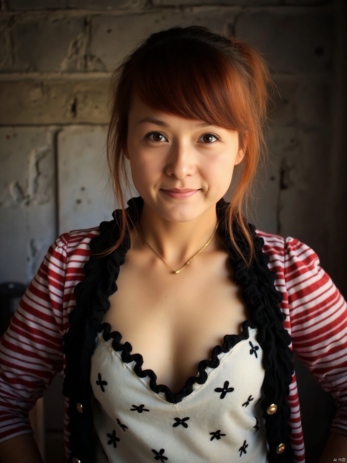35mm film, one pretty girl, solo, updo, prefect face, makeup, big tits, cleavage, sexy shirt, looking at viewer, bright lights, softbox lighting, upper body, epiCPhoto