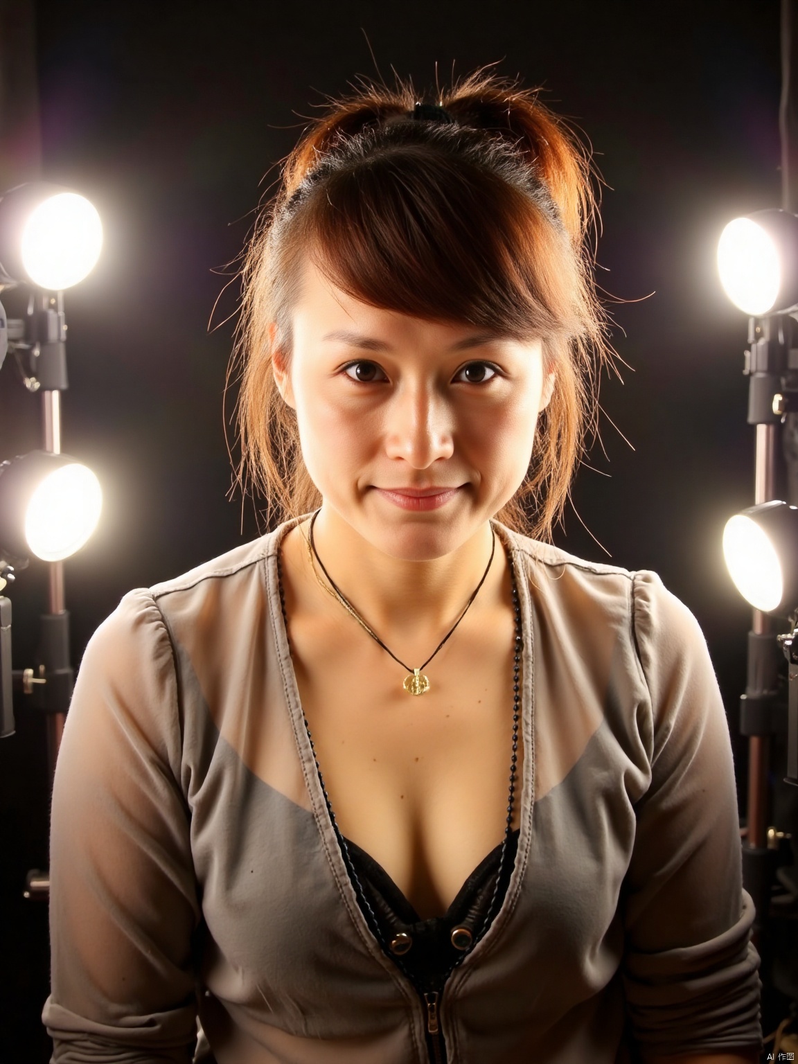 35mm film, one pretty girl, solo, updo, prefect face, makeup, big tits, cleavage, sexy shirt, looking at viewer, bright lights, softbox lighting, upper body, epiCPhoto