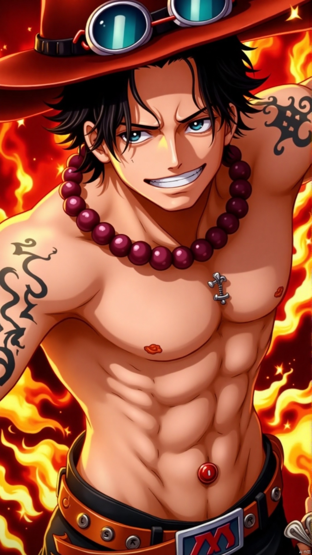 Close-up shot of a topless male model with black hair and freckles, wearing a hat, goggles, and a necklace. He's standing confidently, his abs visible as he holds a gun in one hand and has a belt around his waist. A tattoo on his arm catches the eye. His smile suggests a sense of readiness for adventure, set against a backdrop of fiery flames or sparks.