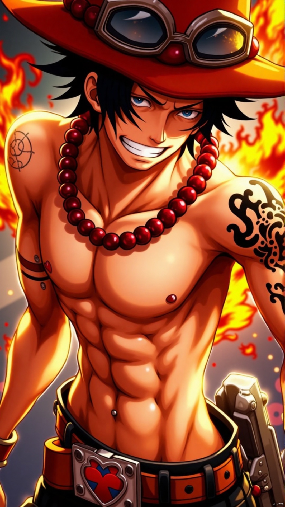Close-up shot of a topless male model with black hair and freckles, wearing a hat, goggles, and a necklace. He's standing confidently, his abs visible as he holds a gun in one hand and has a belt around his waist. A tattoo on his arm catches the eye. His smile suggests a sense of readiness for adventure, set against a backdrop of fiery flames or sparks.