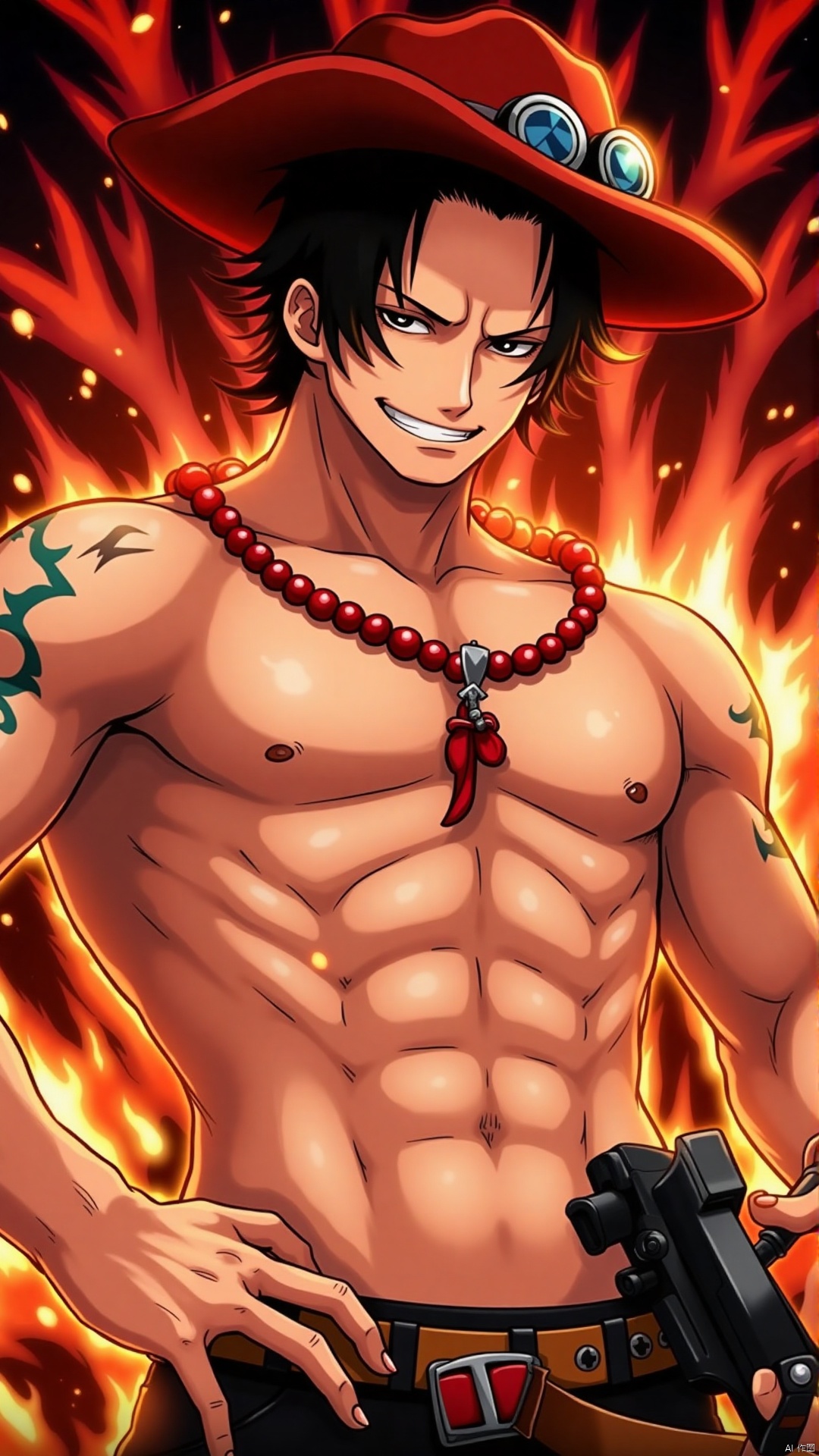 Close-up shot of a topless male model with black hair and freckles, wearing a hat, goggles, and a necklace. He's standing confidently, his abs visible as he holds a gun in one hand and has a belt around his waist. A tattoo on his arm catches the eye. His smile suggests a sense of readiness for adventure, set against a backdrop of fiery flames or sparks.