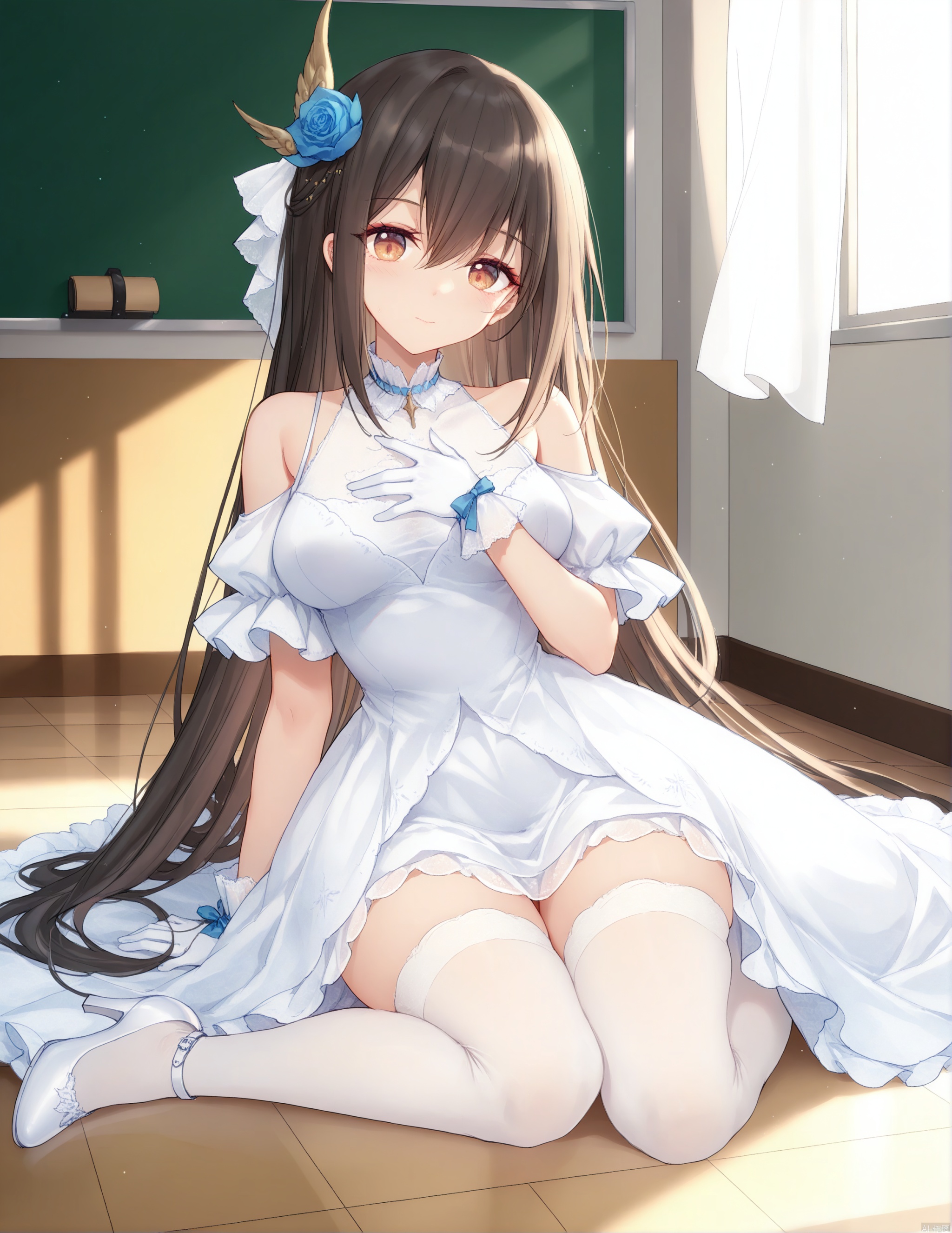 Hermes, 1girl, solo, brown hair, black hair, brown eyes, long hair, breasts, thighhighs, gloves, dress, bare shoulders, sitting, flower, white gloves, white dress, high heels, lolita, white thighhighs, rose, white footwear, blue flower, blue rose, on floor, classroom, solo, solo, solo, solo,
  
cinematic lighting, contour deepening, high-key and low-variance brightness scale, soft light, depth of field, 

(artist:konya_karasue:0.3),(artist:meion:0.6),(artist:sora_72-iro:0.7),(artist:wlop:0.6),(artist:ciloranko:0.3),(artist:binggong_asylum:0.4),(artist:ask_\(askzy\):0.3),(artist:bison_cangshu:0.6),(artist:yunsang:0.2),(artist:ningen_mame:0.3),(artist:sho_\(sho_lwlw\):0.3),(artist:rhasta:0.2),(artist:chen_bin:0.4),(artist:omone_hokoma_agm:0.6),(artist:pottsness:0.4),(artist:hiten_\(hitenkei\):0.3),(artist:mignon:0.2),(artist:sheya:0.2),(artist:houkisei:0.3),(nyalia:0.3),

official art,depth of field,best quality,amazing quality,very aesthetic,absurdres,best quality,masterpiece,ultra detailed, newest,8K,HDR,masterpiece,best quality,newest,absurdres,highres,very awa,