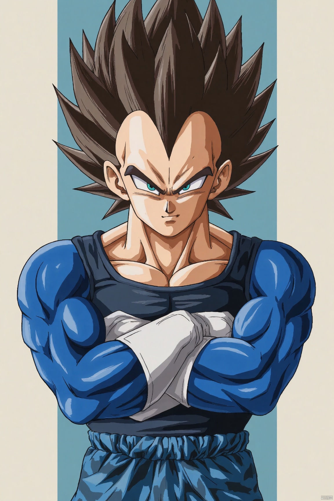 From the perspective of character creation, Vegeta's crossed arms shows his usual arrogance and confidence. His eyes were sharp, revealing his perseverance and unyielding spirit as a warrior, and he remained alert to fighting at any time even in peacetime.

In terms of the costume, the classic combat clothing retains the Saiyan style elements and incorporates some personal characteristics. The blue and black color combination is calm and combat-oriented. The geometric patterns on the pants add a sense of design. At the same time, the loose pants also facilitate him to make various difficult moves during battle.

In terms of emotional expression, Vegeta presented in this picture is relatively calm and restrained, which is different from his early irritable and impulsive image. It reflects his character growth and mood changes in the development of the story, and also implies that he The transformation from a mere combat madman to a responsible team member.

From the perspective of the influence of anime culture, Vegeta, as a popular character in "Dragon Ball", has become one of the classics in the history of anime, representing passion, struggle and growth, and inspiring countless viewers to pursue strength and self-breakthrough.