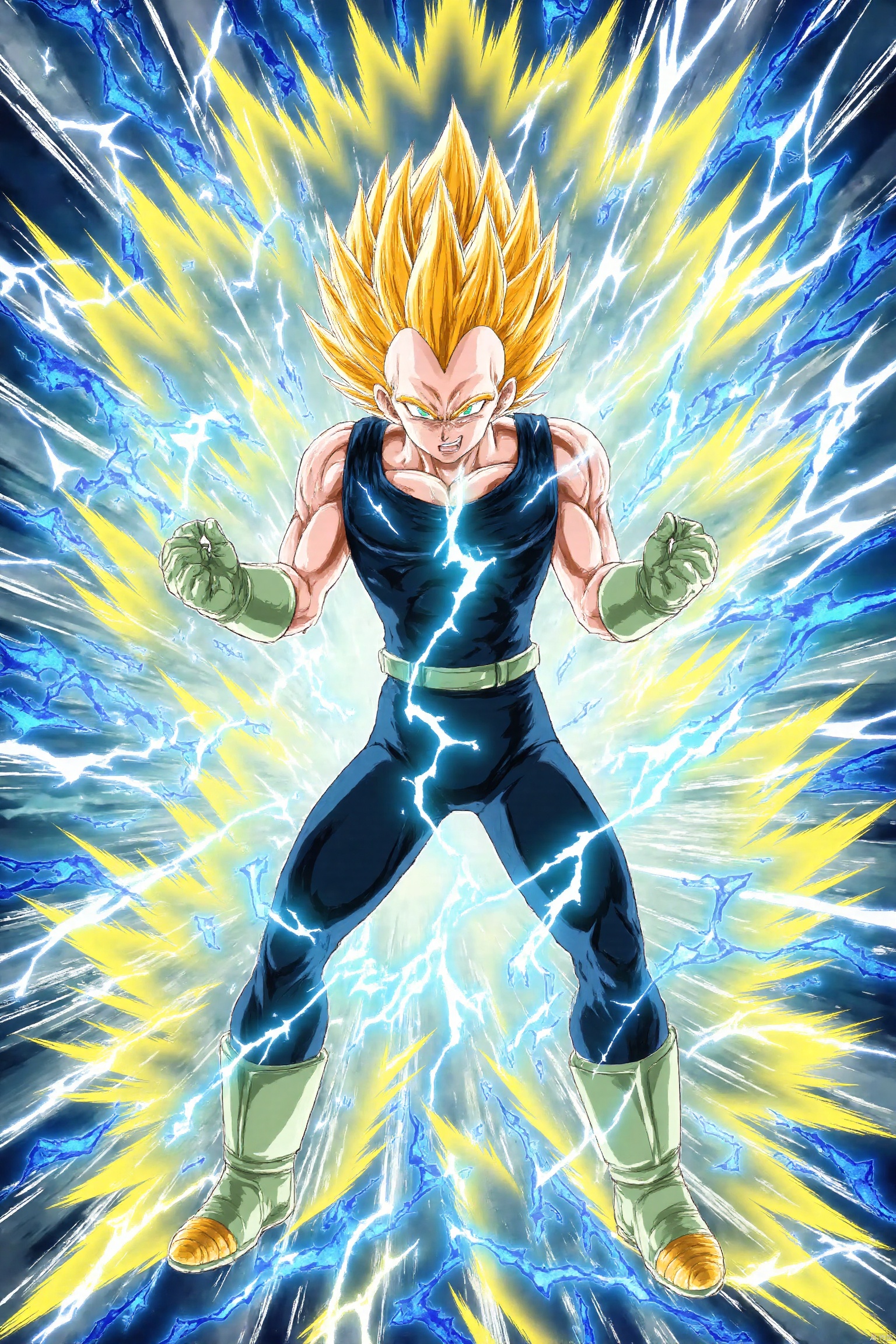 The image depicts a character in a dynamic pose, seemingly in the midst of an intense action sequence. The character has spiky blond hair and is wearing a sleeveless black top and dark pants with green accents. The character is surrounded by vibrant, electric-like energy effects in shades of blue, yellow, and white, which are radiating outward from the character's hands. The background is filled with dynamic, swirling lines and colors, enhancing the sense of motion and power. The overall scene is highly energetic and visually striking, with a focus on the character's powerful stance and the dramatic energy effects surrounding them.