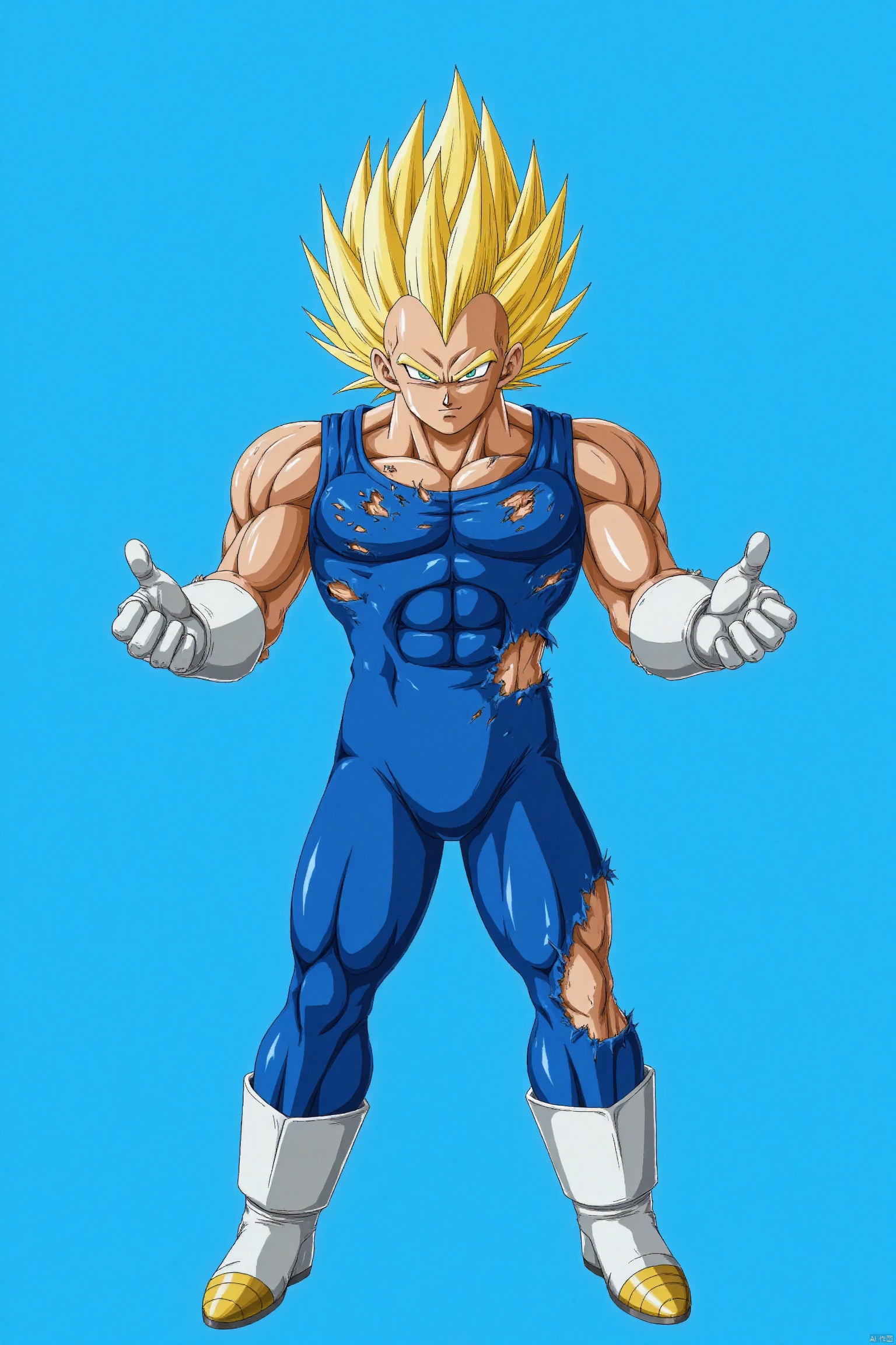 The image depicts a muscular character with spiky blond hair, wearing a blue sleeveless outfit that is torn in several places. The character is standing upright with arms outstretched, and the background is a solid blue color. The character's expression appears determined and focused.