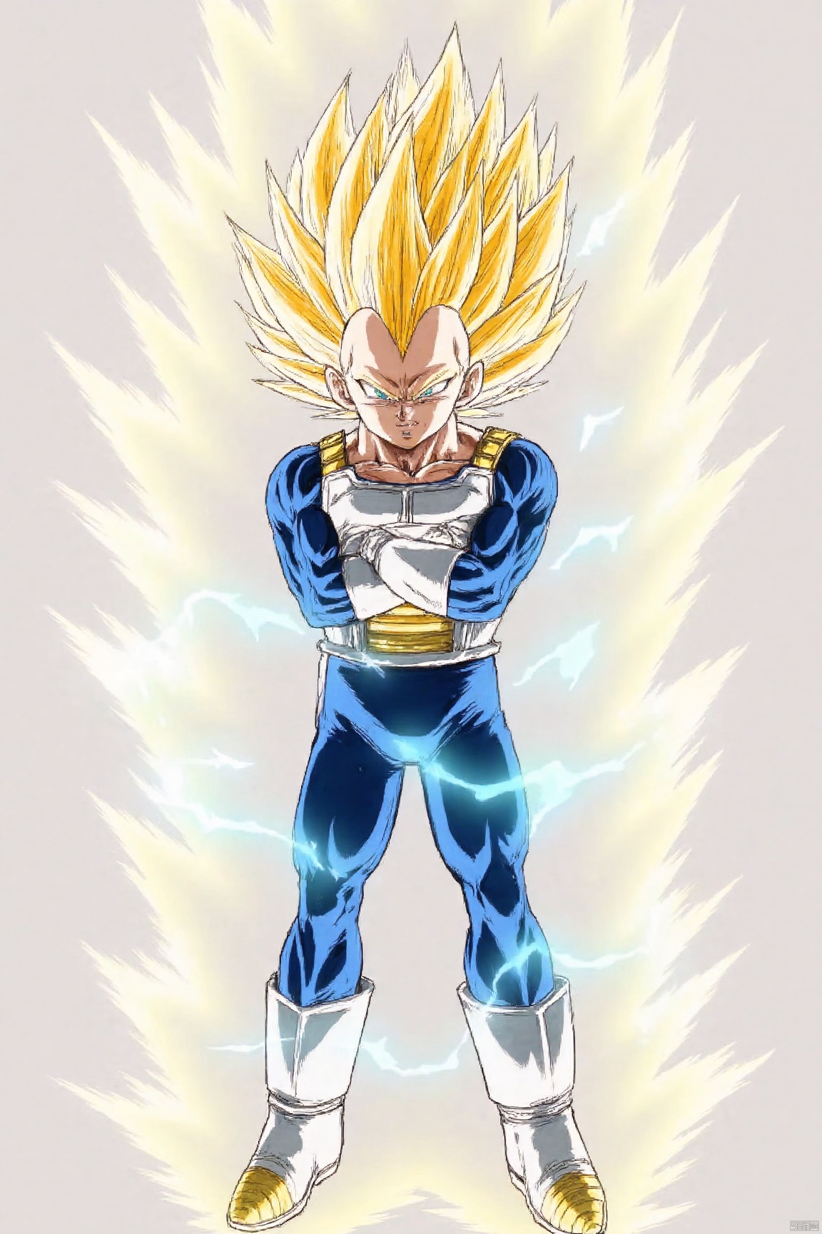 solo, blonde hair, gloves, 1boy, full body, closed eyes, male focus, boots, crossed arms, spiked hair, aura, super saiyan, saiyan armor, super saiyan 1, vegeta